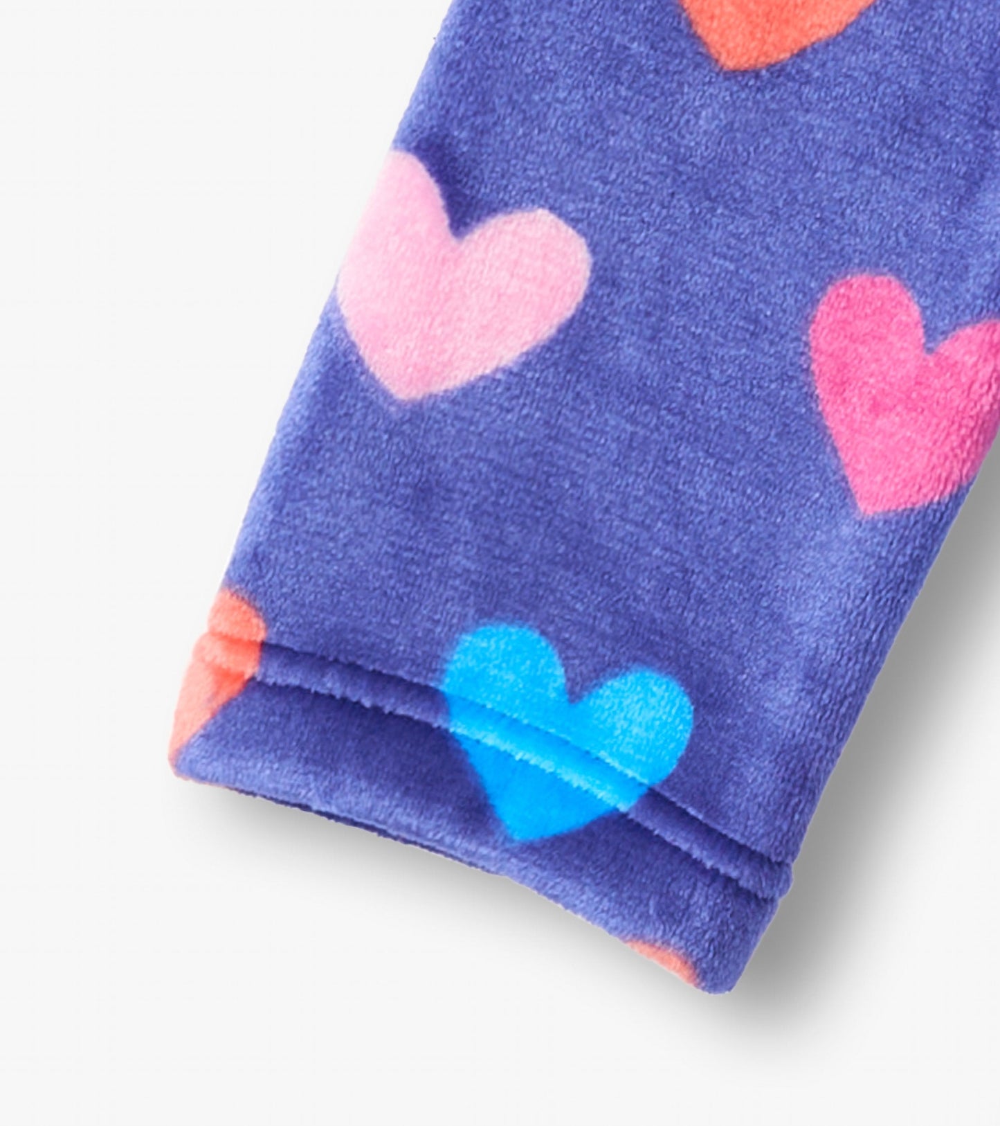 Purple fleece robe featuring colorful heart patterns in pink, blue, and orange. Soft and cozy for baby girls.
