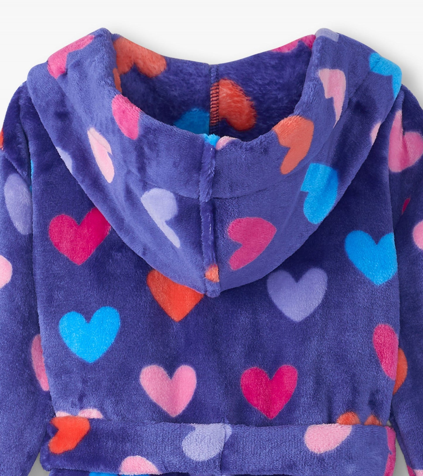Purple fleece robe with a hood, featuring a colorful heart pattern in various shades.