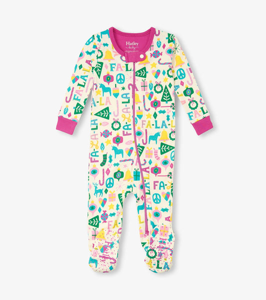 Baby pink cotton footed sleeper with colorful festive patterns and pink cuffs, suitable for infants.