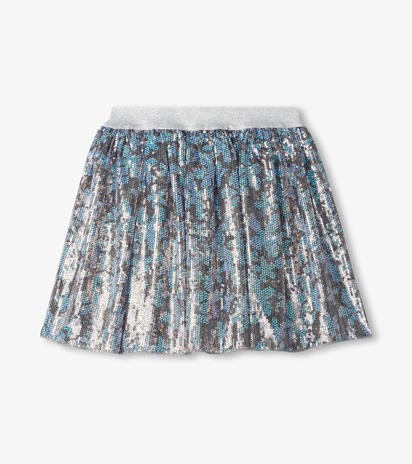 Shimmering tulle skirt with sequins in blue and silver, featuring a stretchy silver waistband.