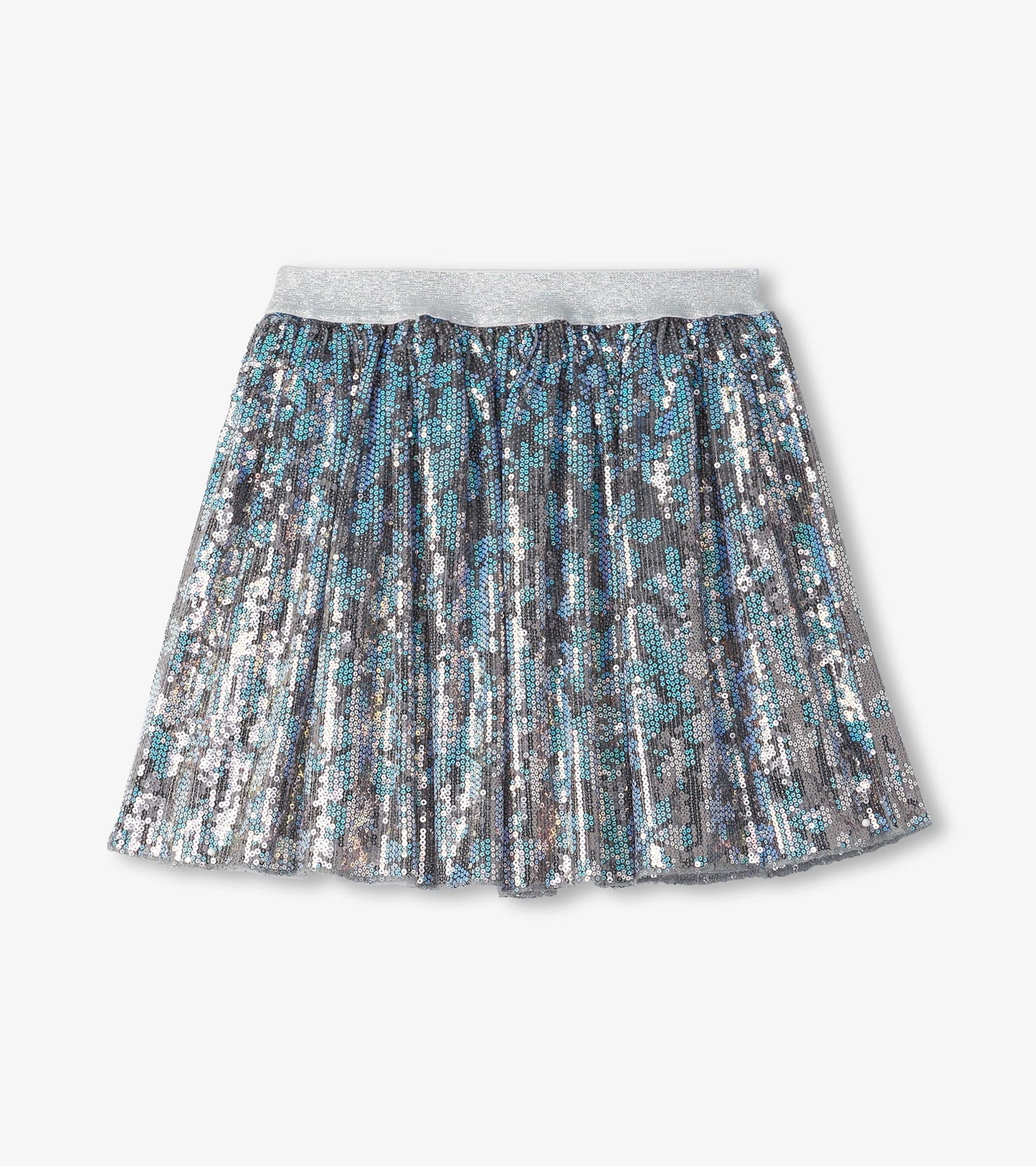 Shimmery tulle skirt with sequins in blue and silver, featuring a soft elastic waistband and pleated design.