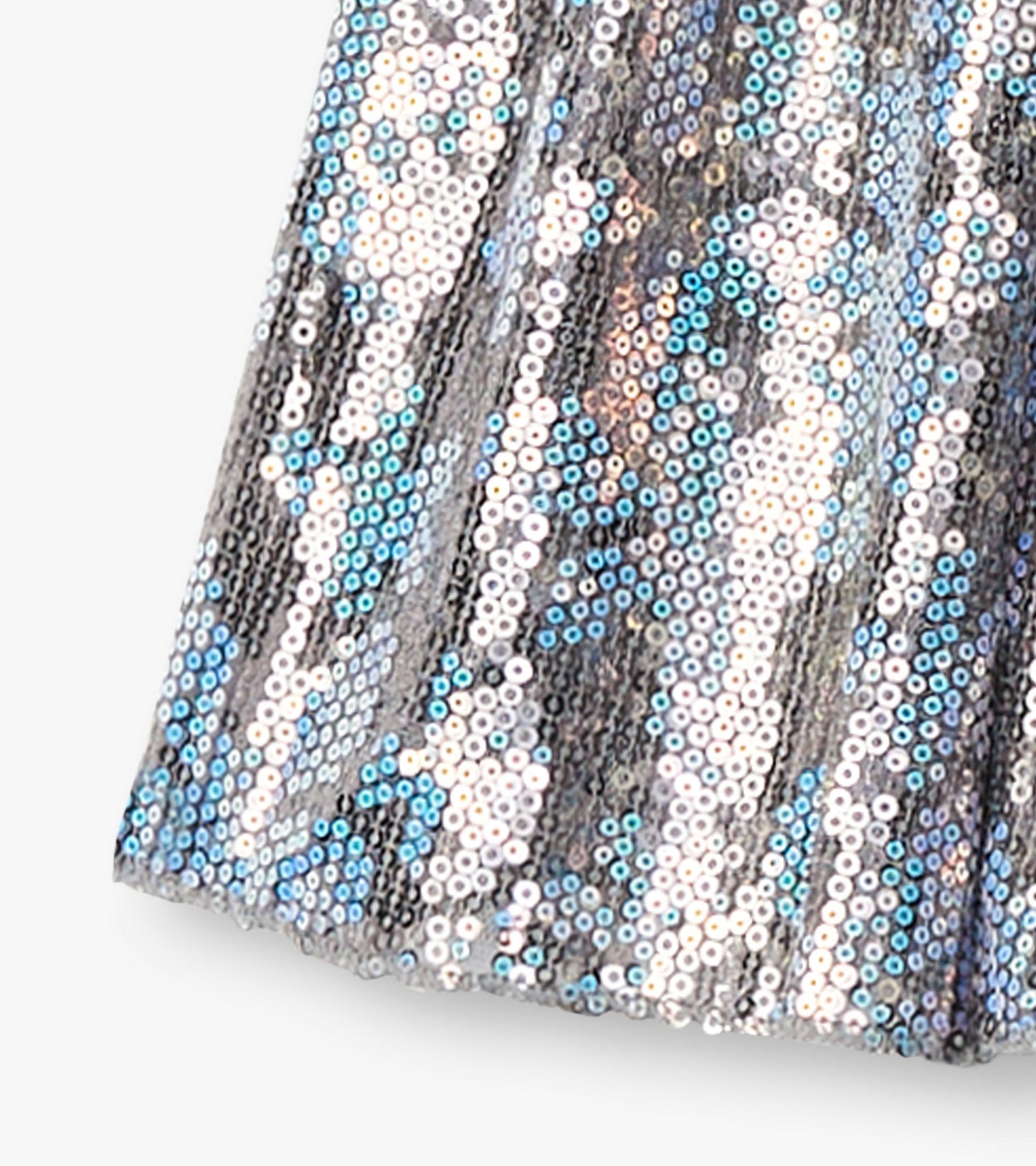 Shimmering tulle skirt with multicolored sequins in silver, blue, and white, featuring a flared design.