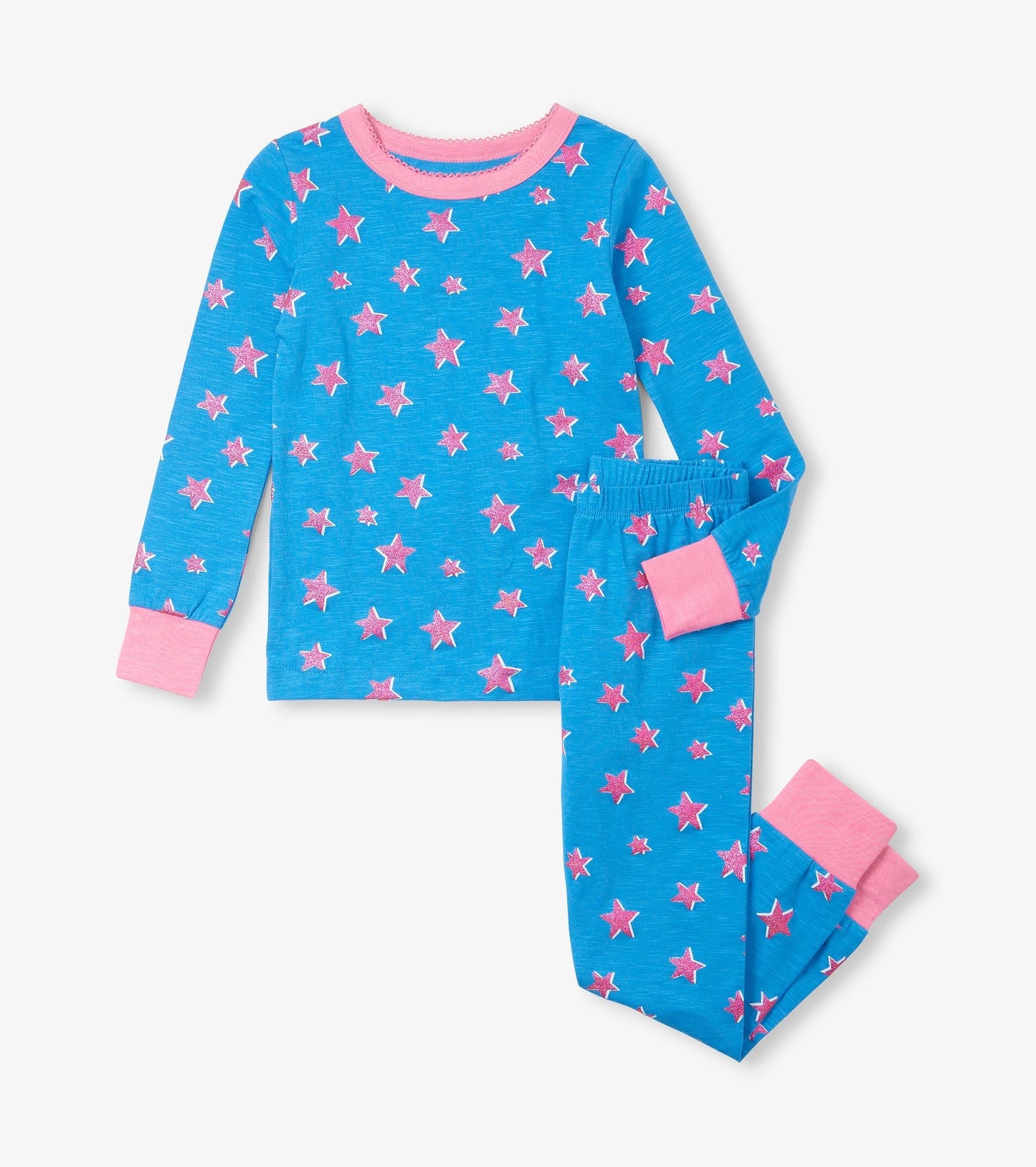 Blue pajama set featuring pink glitter stars, long sleeves, and matching pants with pink cuffs.