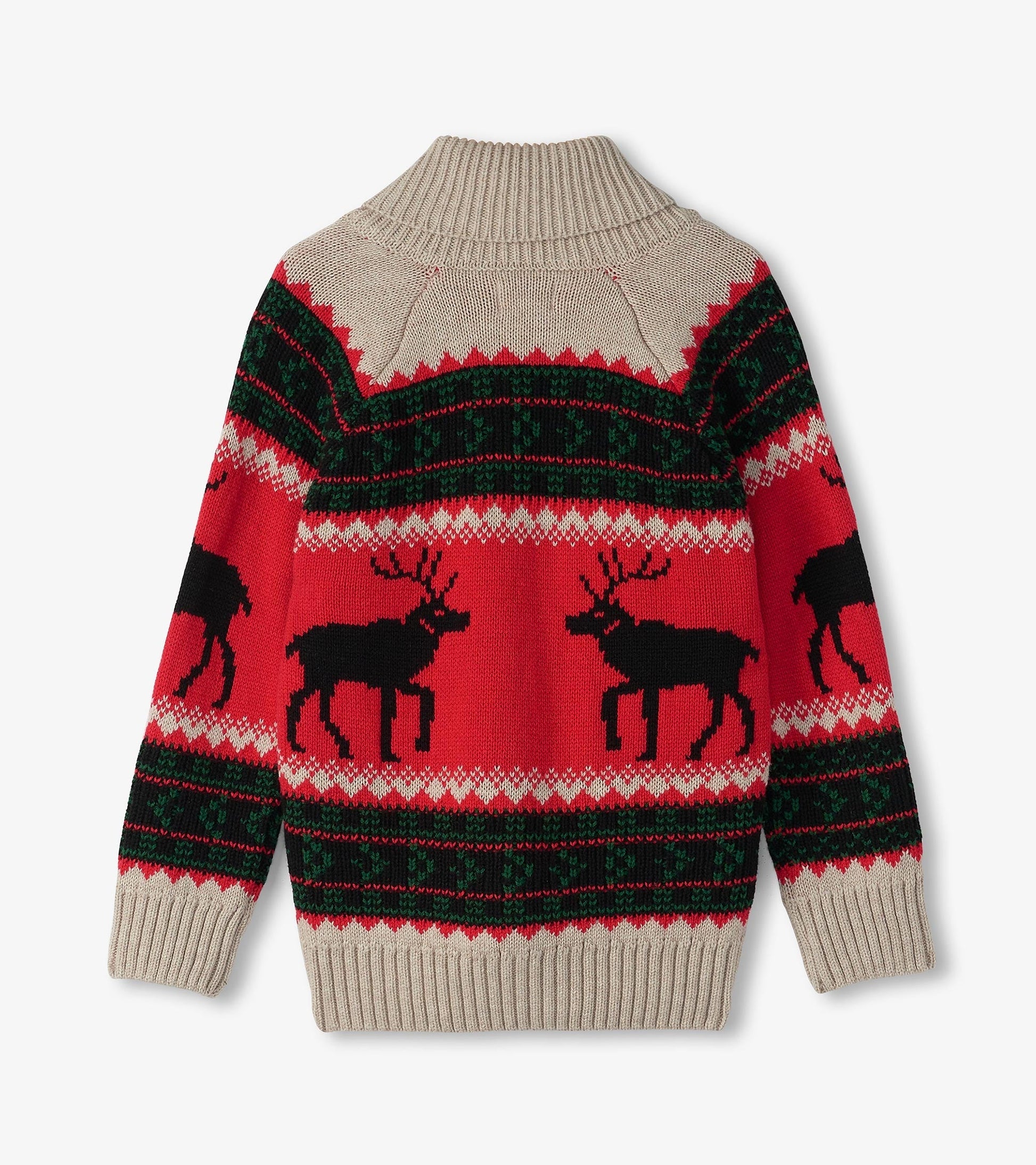 Red cardigan with black elk pattern, green and white accents, and a shawl collar, featuring ribbed cuffs and hem.
