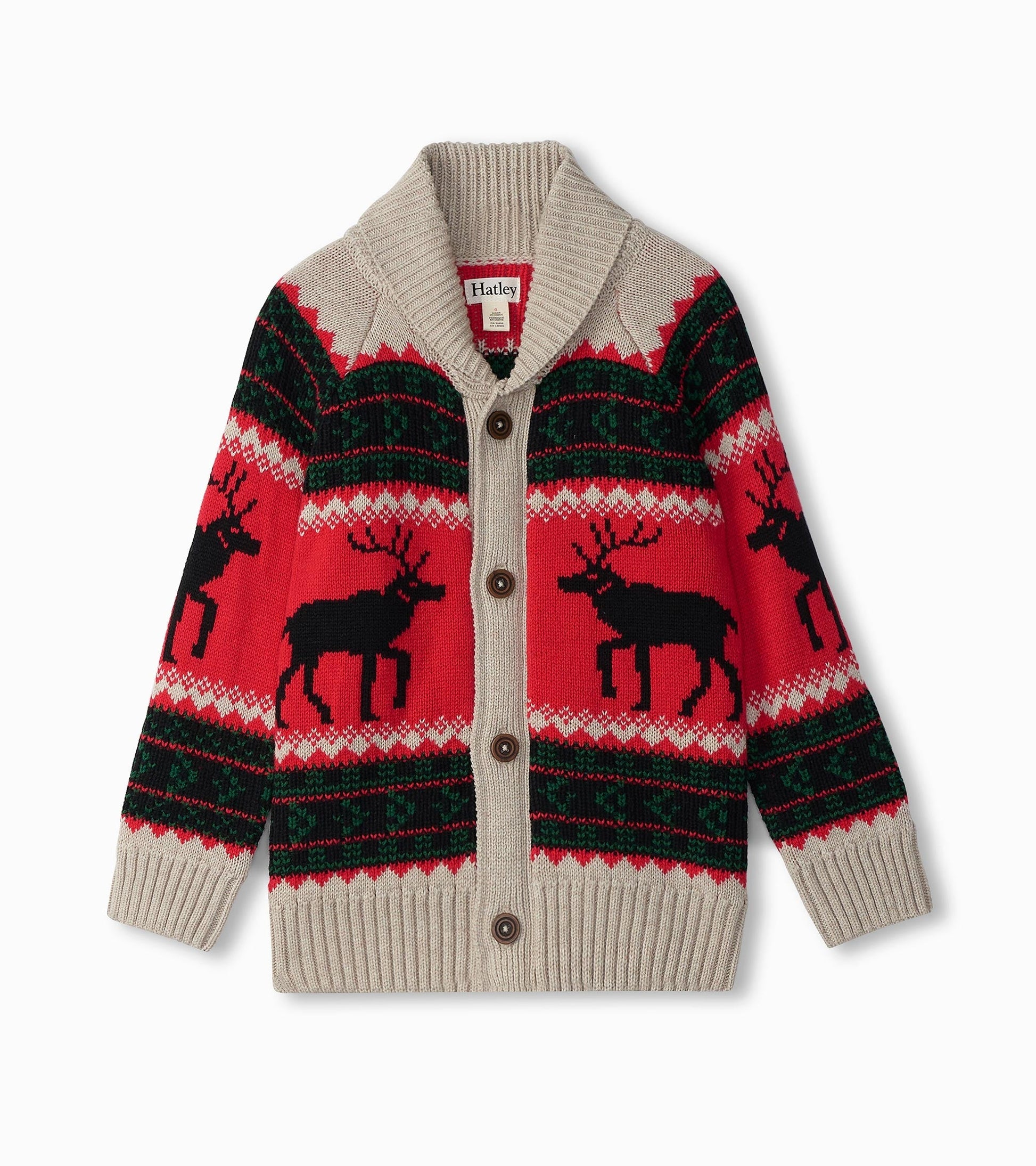 Red and beige shawl collar cardigan featuring black elk patterns and a knitted design, with button closure.