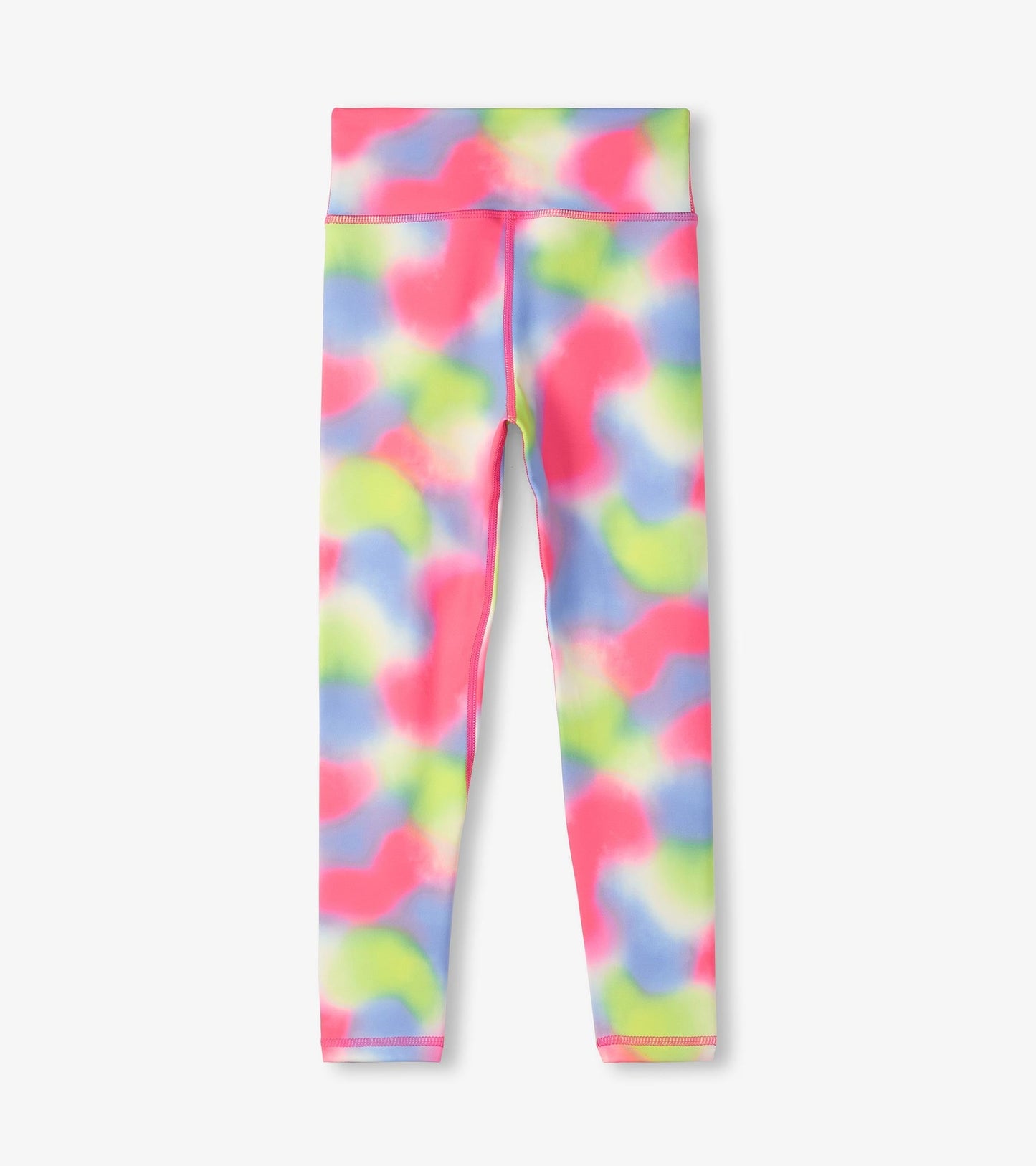 Colorful active leggings featuring a wavy pattern in pink, blue, and green, designed for girls.