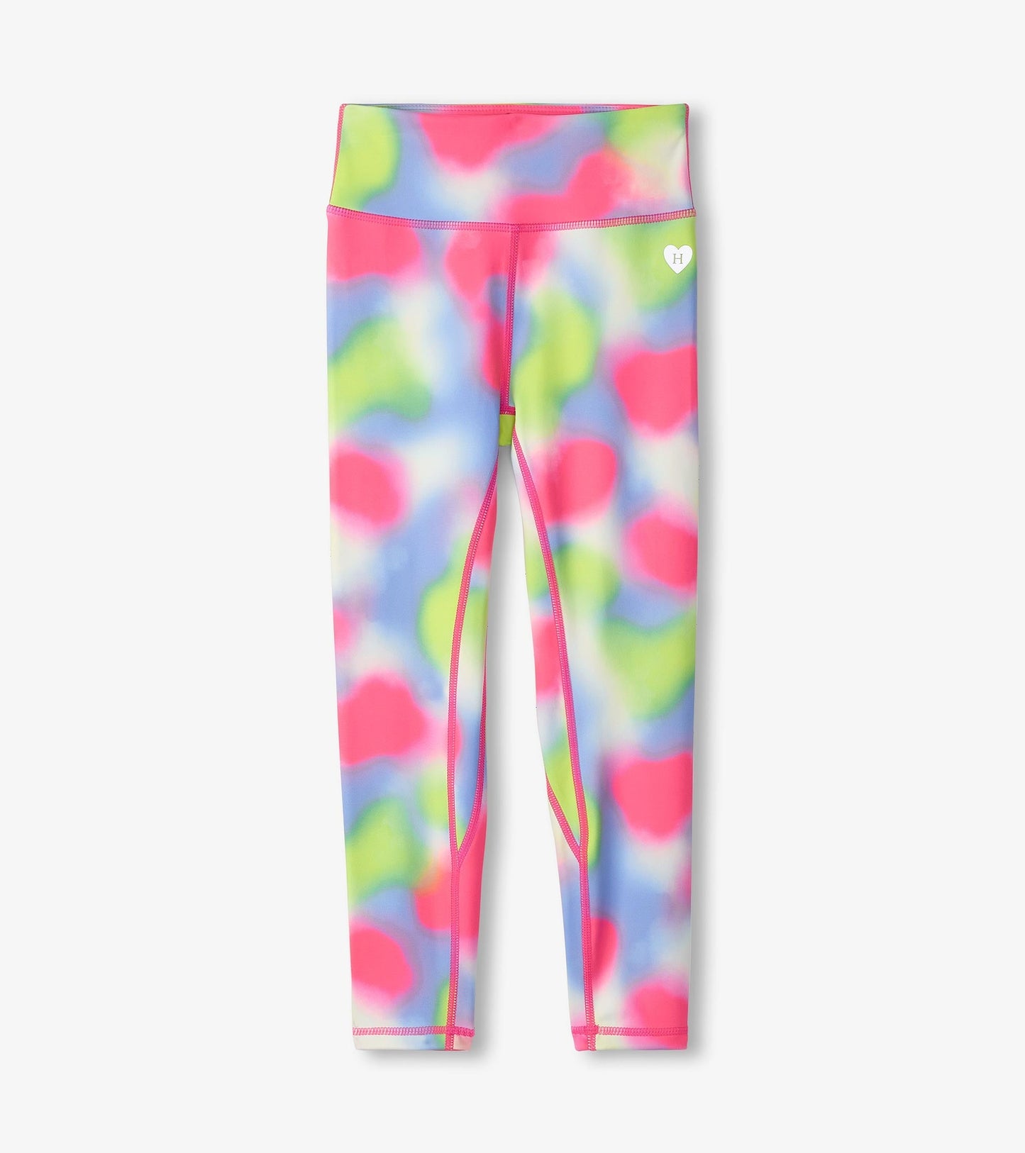 Colorful active leggings featuring a playful pattern of pink, green, and blue, designed for girls.