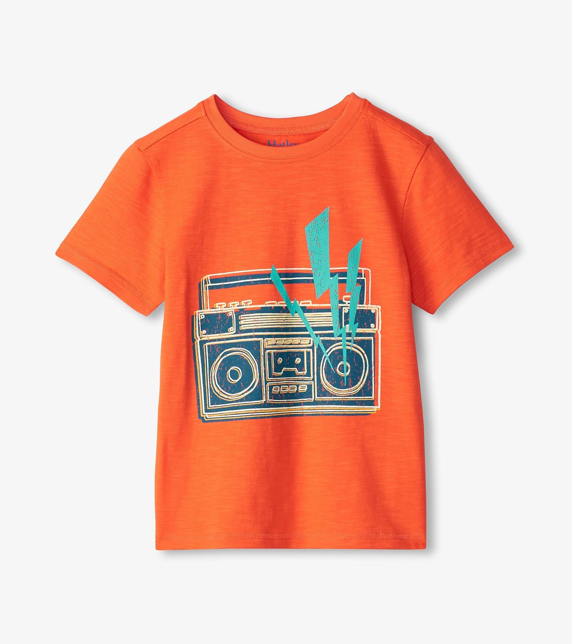 Orange short-sleeve tee featuring a glow-in-the-dark boombox graphic with blue lightning bolts.