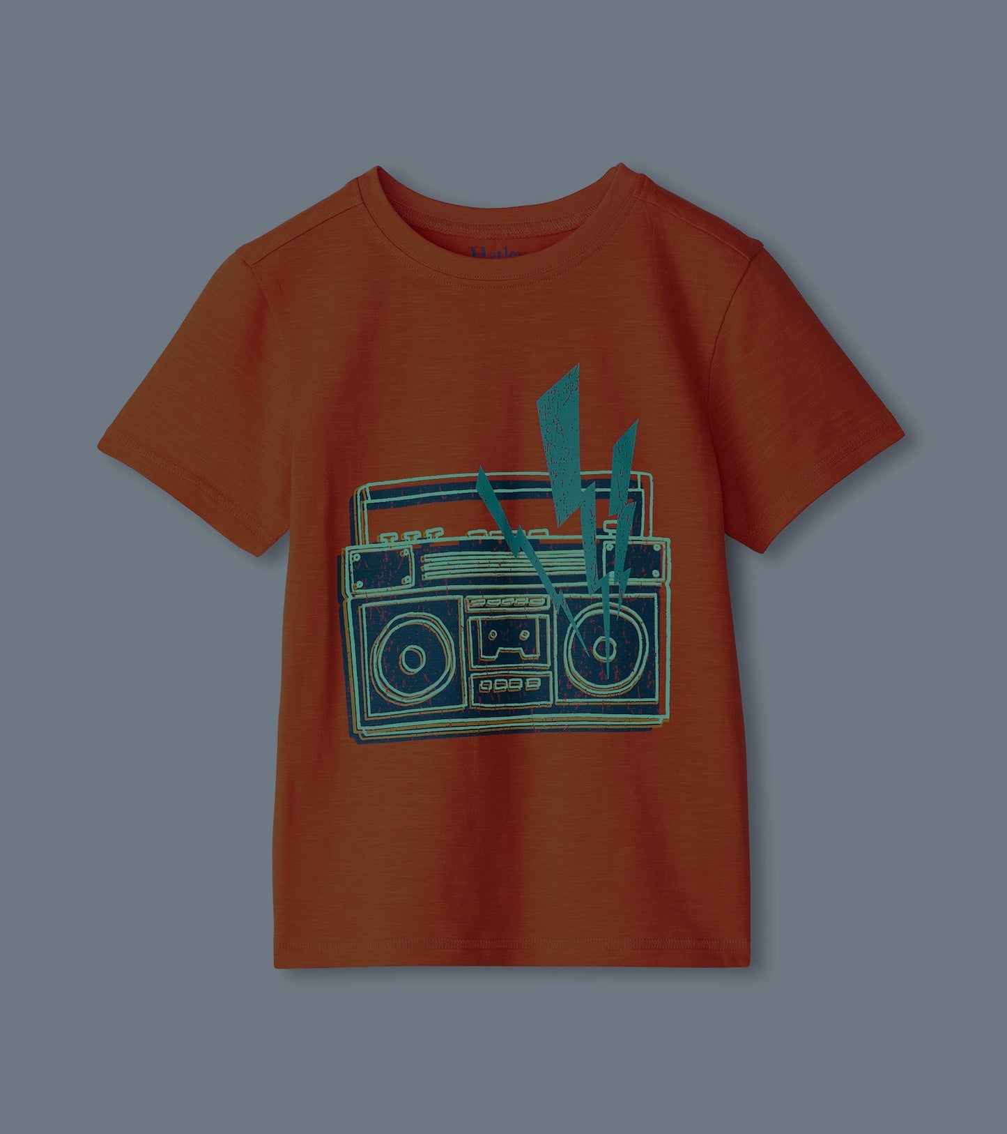 Orange short-sleeve tee featuring a glow-in-the-dark boombox graphic with blue accents.