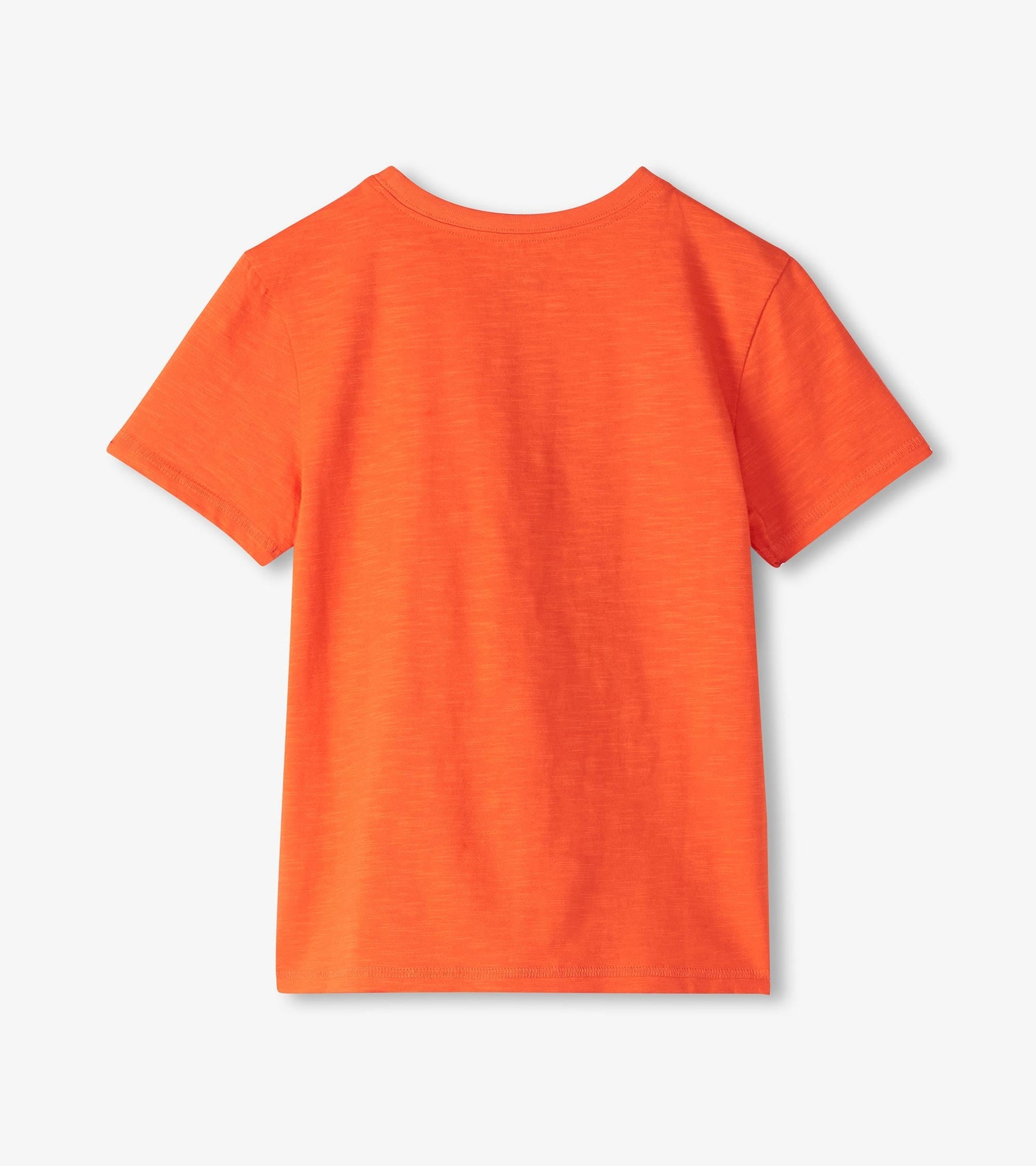 Bright orange short-sleeve tee with a smooth texture, featuring a glow-in-the-dark graphic design.