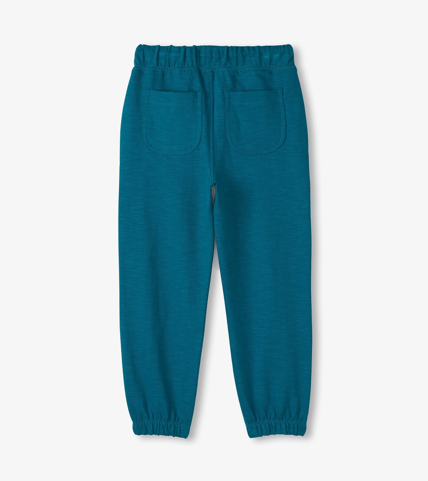 Cozy boys' pants in Moroccan blue with an elastic waistband and two back pockets, featuring a relaxed fit.