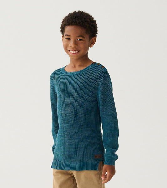 Boys' Moroccan blue sweater with button neck, featuring a textured knit design and long sleeves.