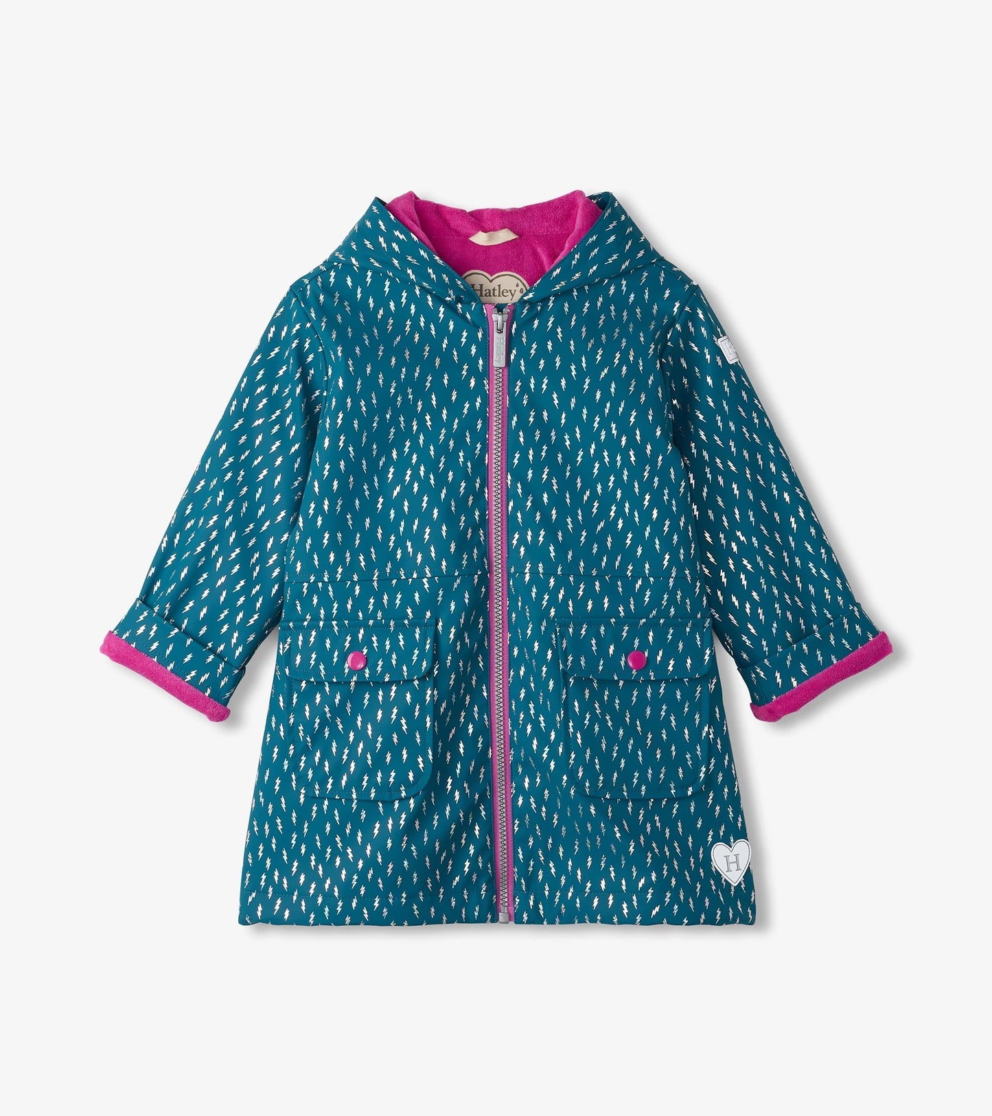 Teal rain jacket with white lightning bolt pattern, pink trim, zip-up front, and two front pockets.