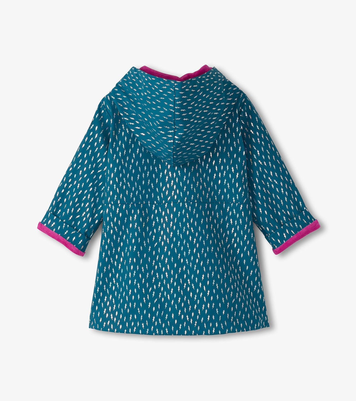 Teal rain jacket with white lightning bolt pattern and pink trim, featuring a hood and long sleeves.