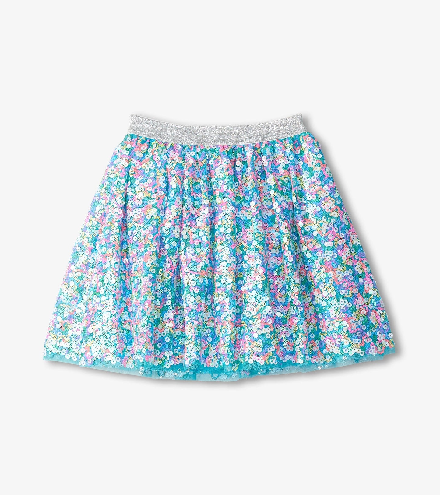 Light blue tulle skirt adorned with colorful sequins, featuring a silver elastic waistband.