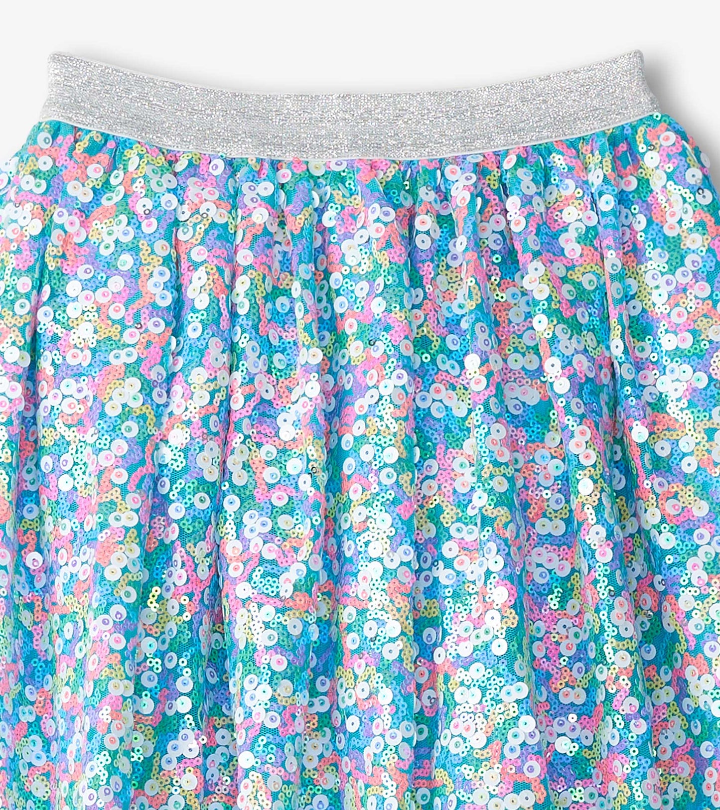 Colorful sequined tulle skirt featuring a silver elastic waistband, ideal for festive occasions.