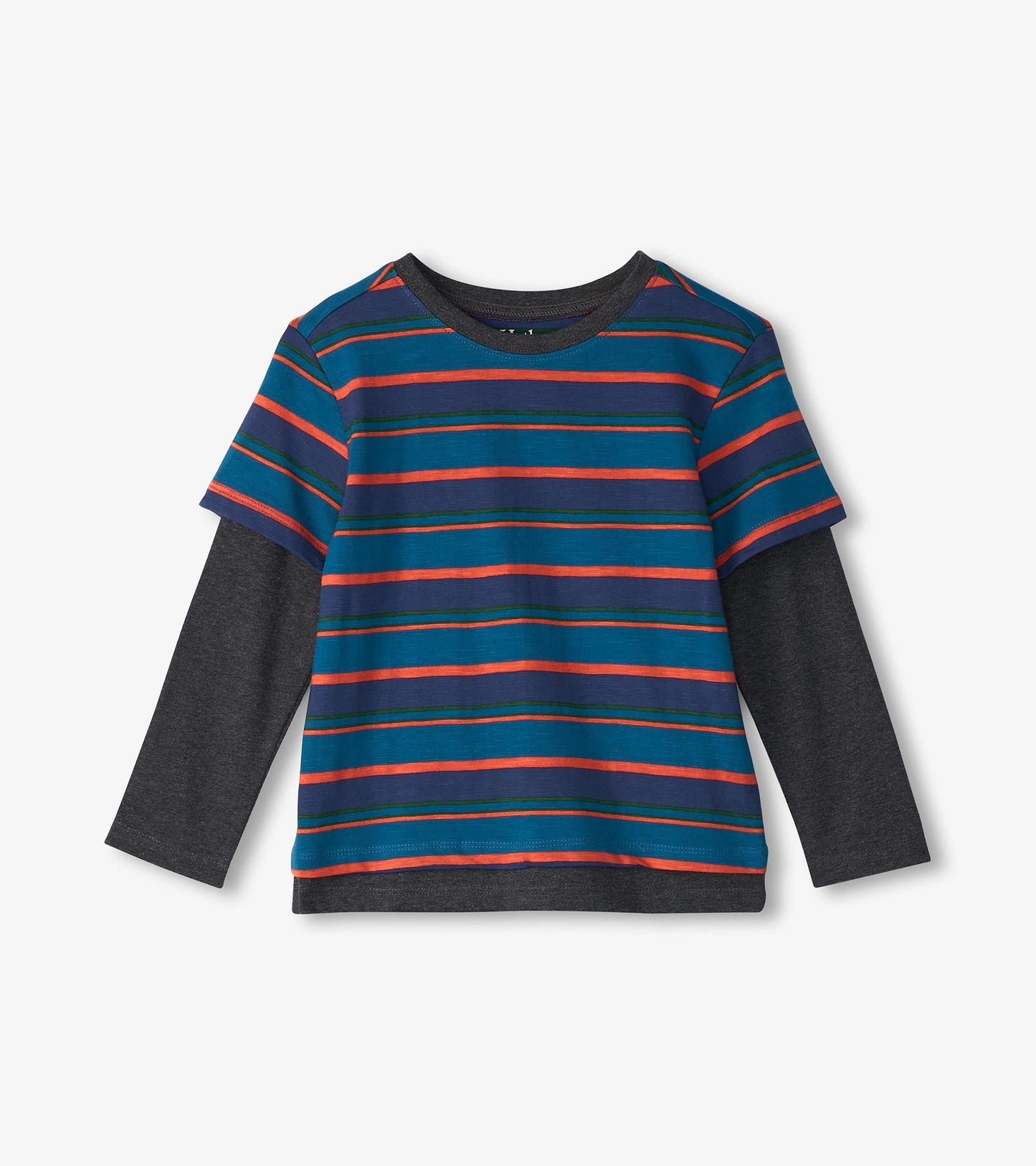 Boys long sleeve T-shirt featuring a Moroccan blue and striped design with gray sleeves.