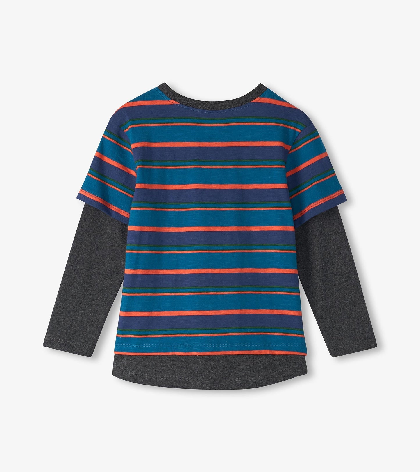 Long sleeve t-shirt featuring a blue and striped pattern with gray sleeves, suitable for boys.