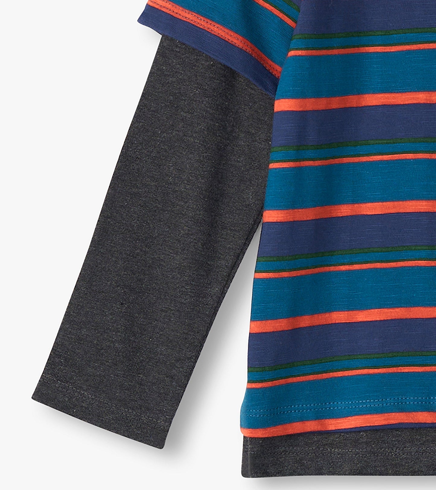 Long sleeve t-shirt featuring a blue and striped pattern with orange and green accents, layered with a dark gray base.