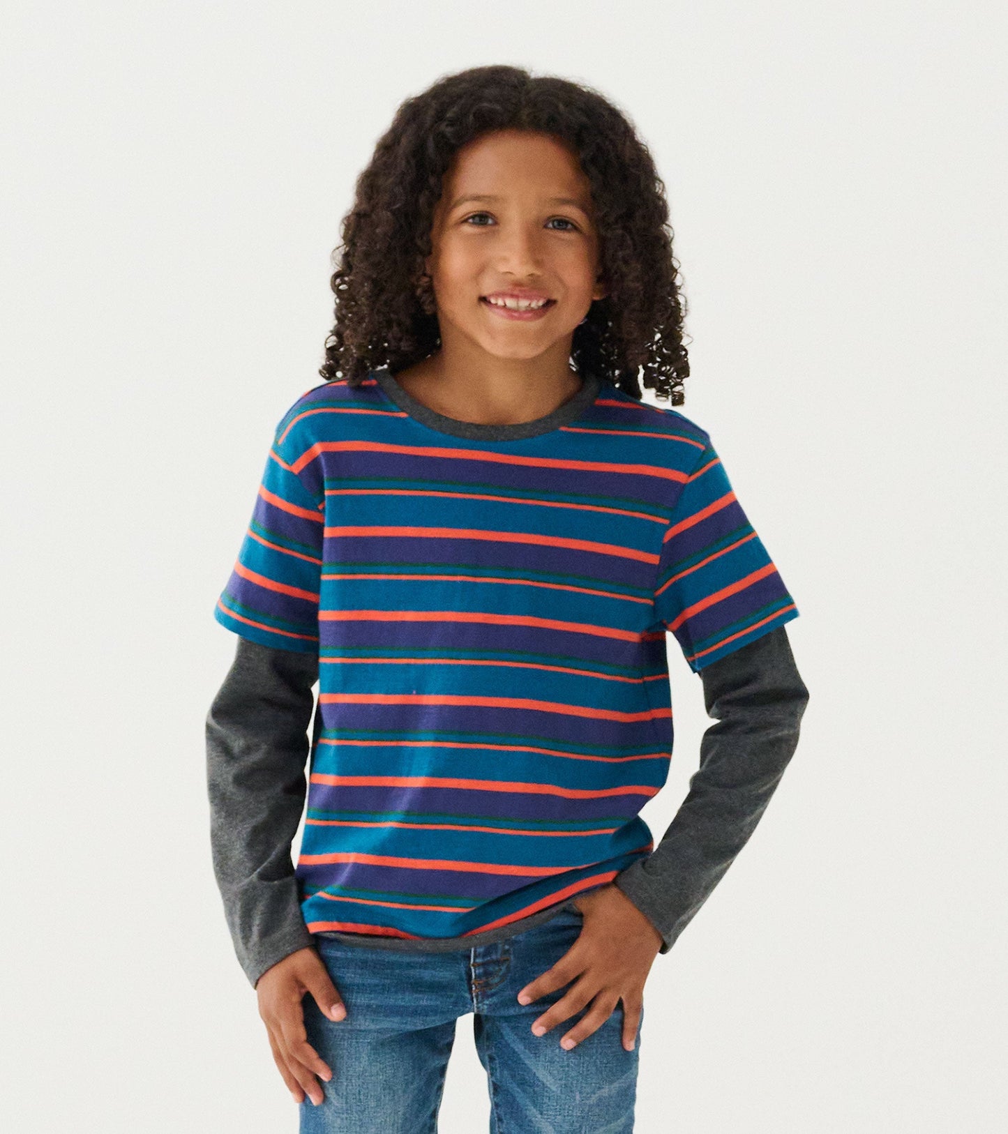 Boys long sleeve T-shirt featuring a blue base with colorful horizontal stripes and a gray underlayer.
