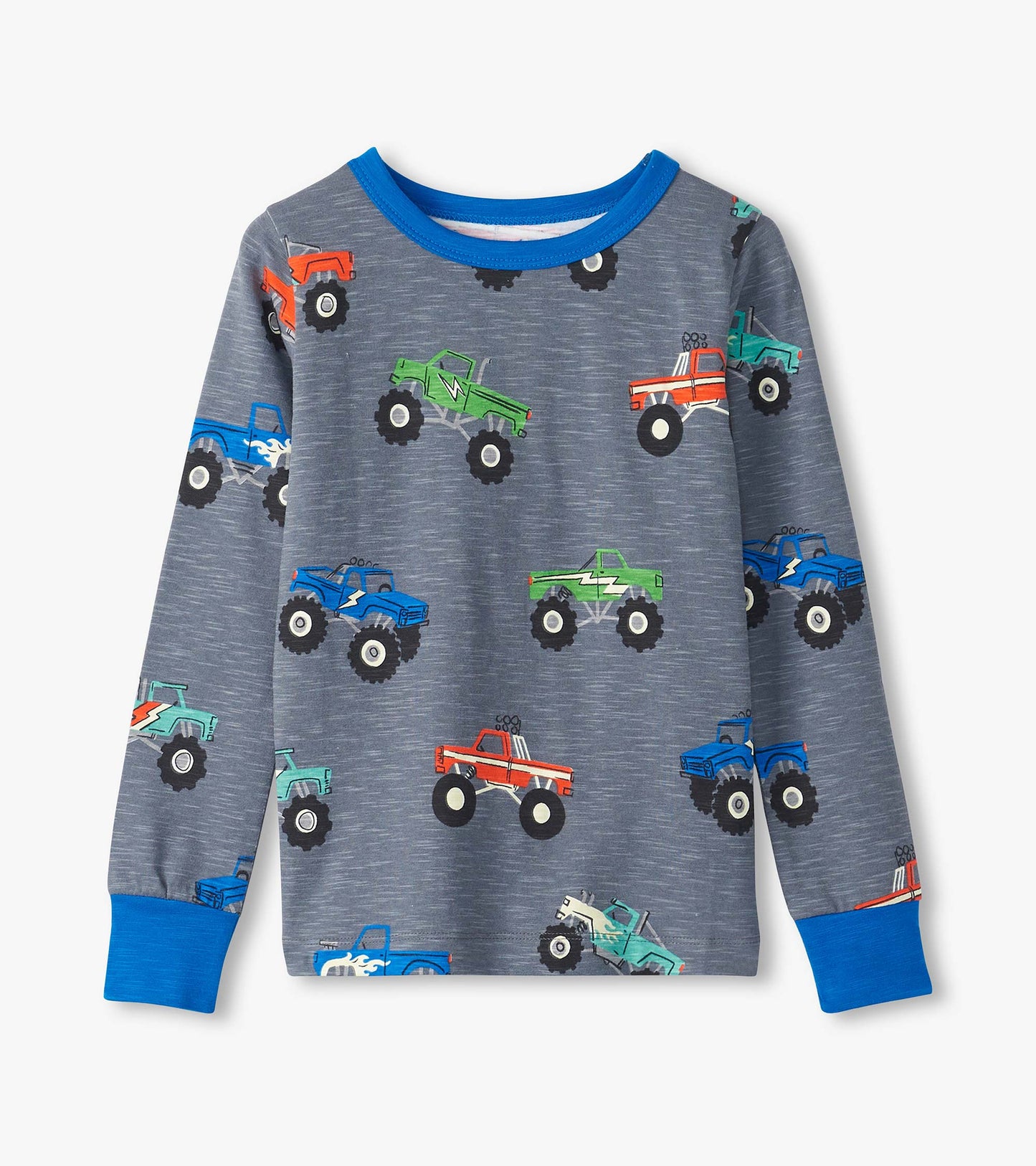 Gray long-sleeve pajama top featuring colorful monster truck graphics and a blue crew neckline.