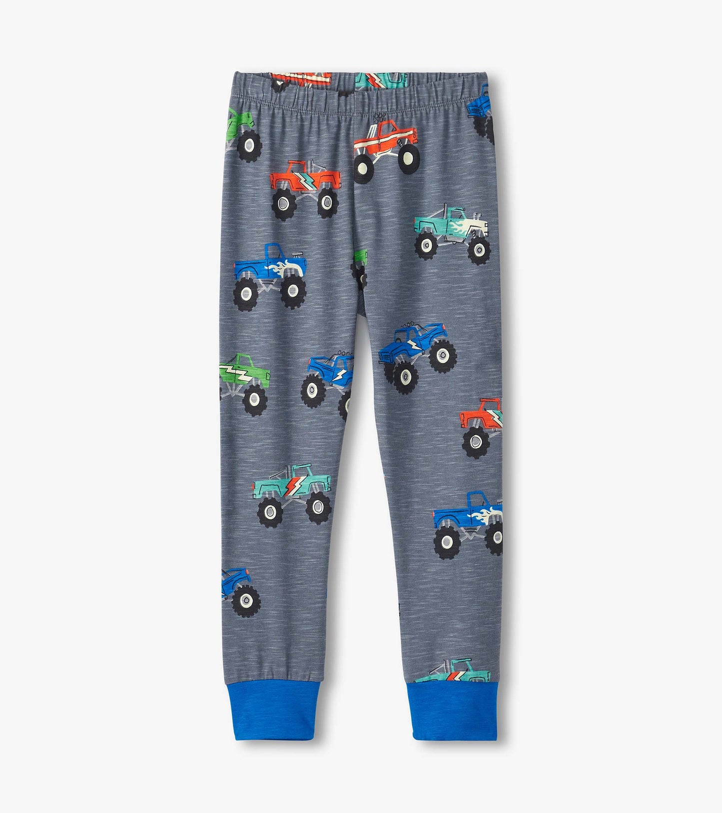 Gray pajama pants featuring colorful monster truck prints and blue cuffs, ideal for boys' sleepwear.