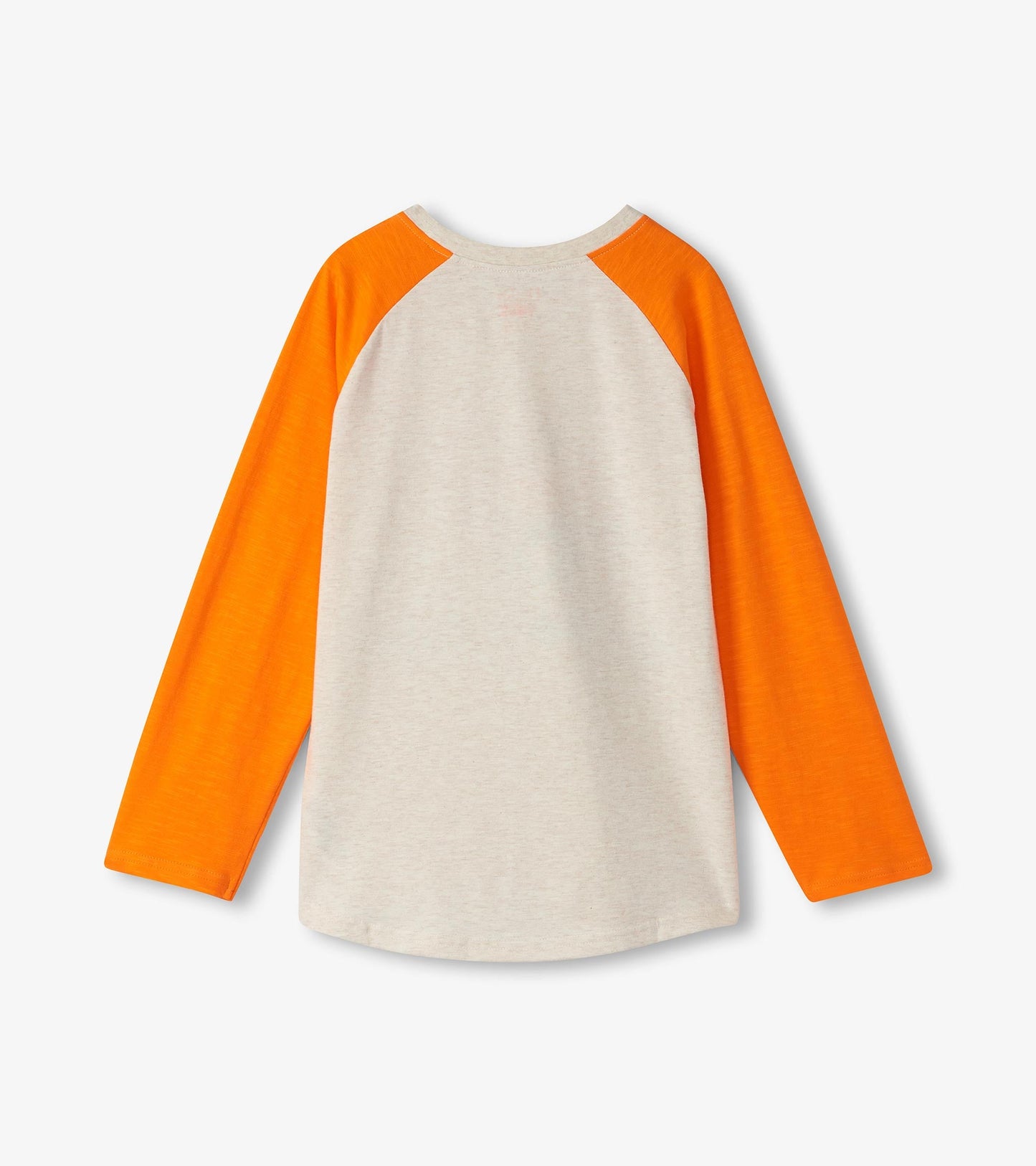 Long sleeve t-shirt featuring a light gray body and bright orange raglan sleeves, suitable for boys.