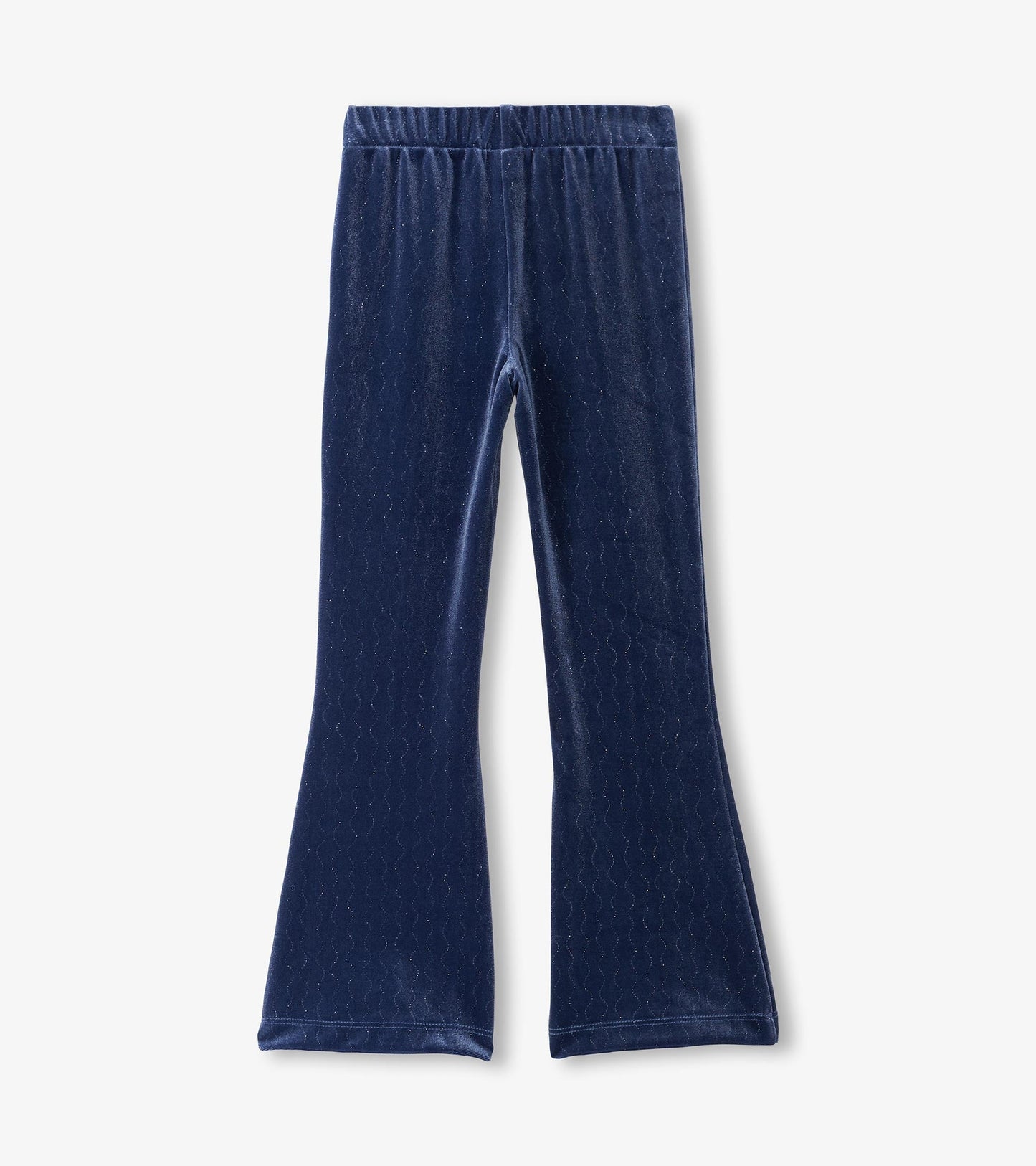Navy blue stretchy flared pants with a subtle wave pattern, designed for girls.