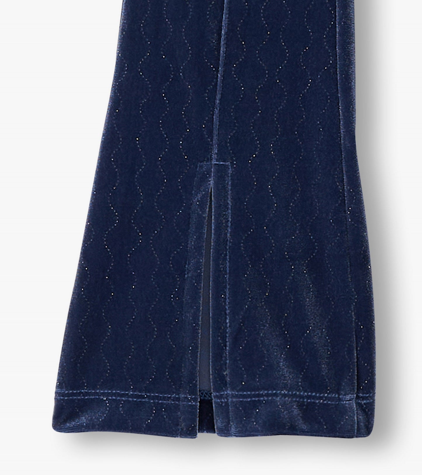 Navy stretchy flared pants with a wavy pattern and subtle sparkle detail. Suitable for casual wear.