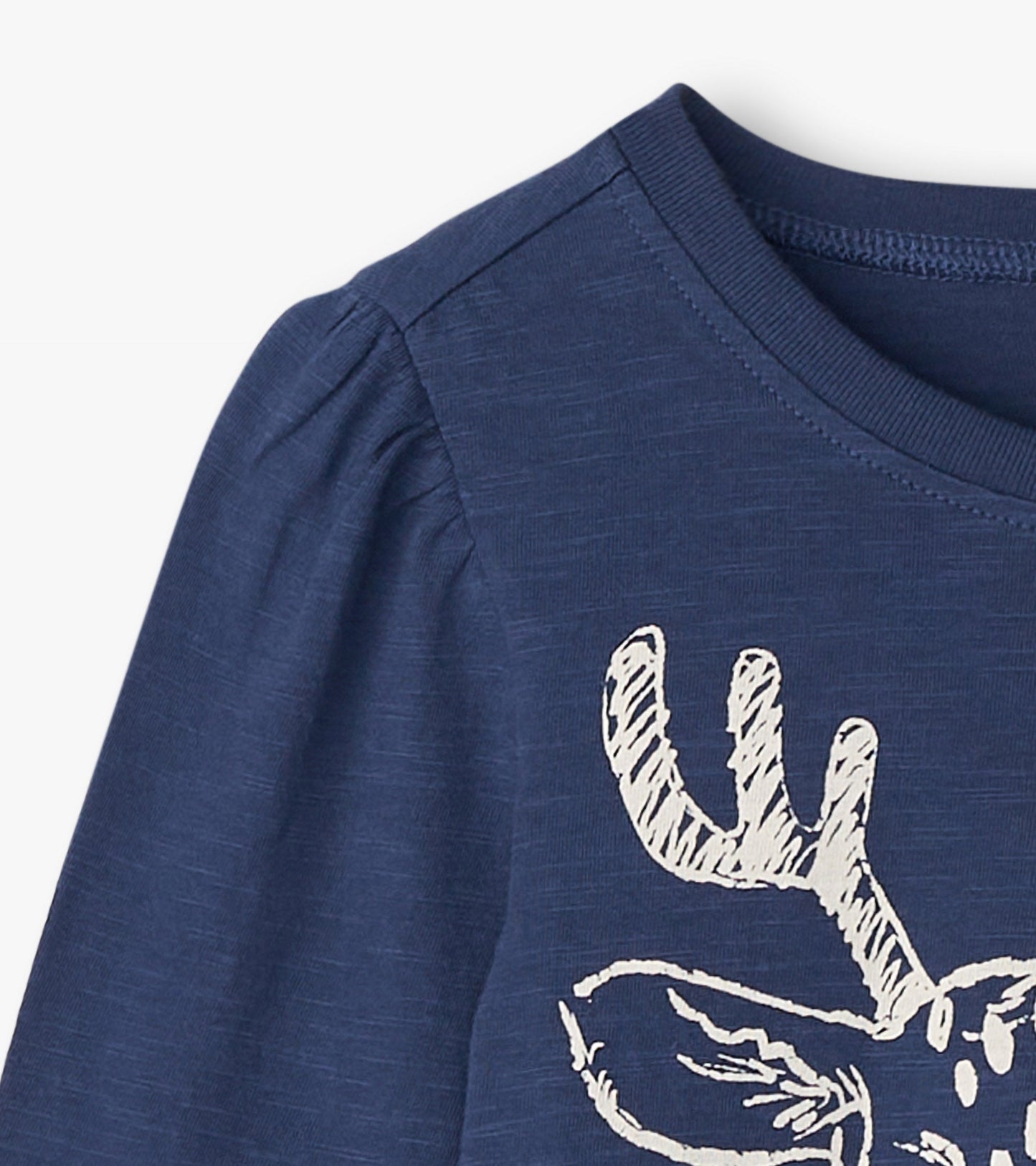 Navy blue t-shirt featuring a white reindeer graphic on the front, designed for girls.