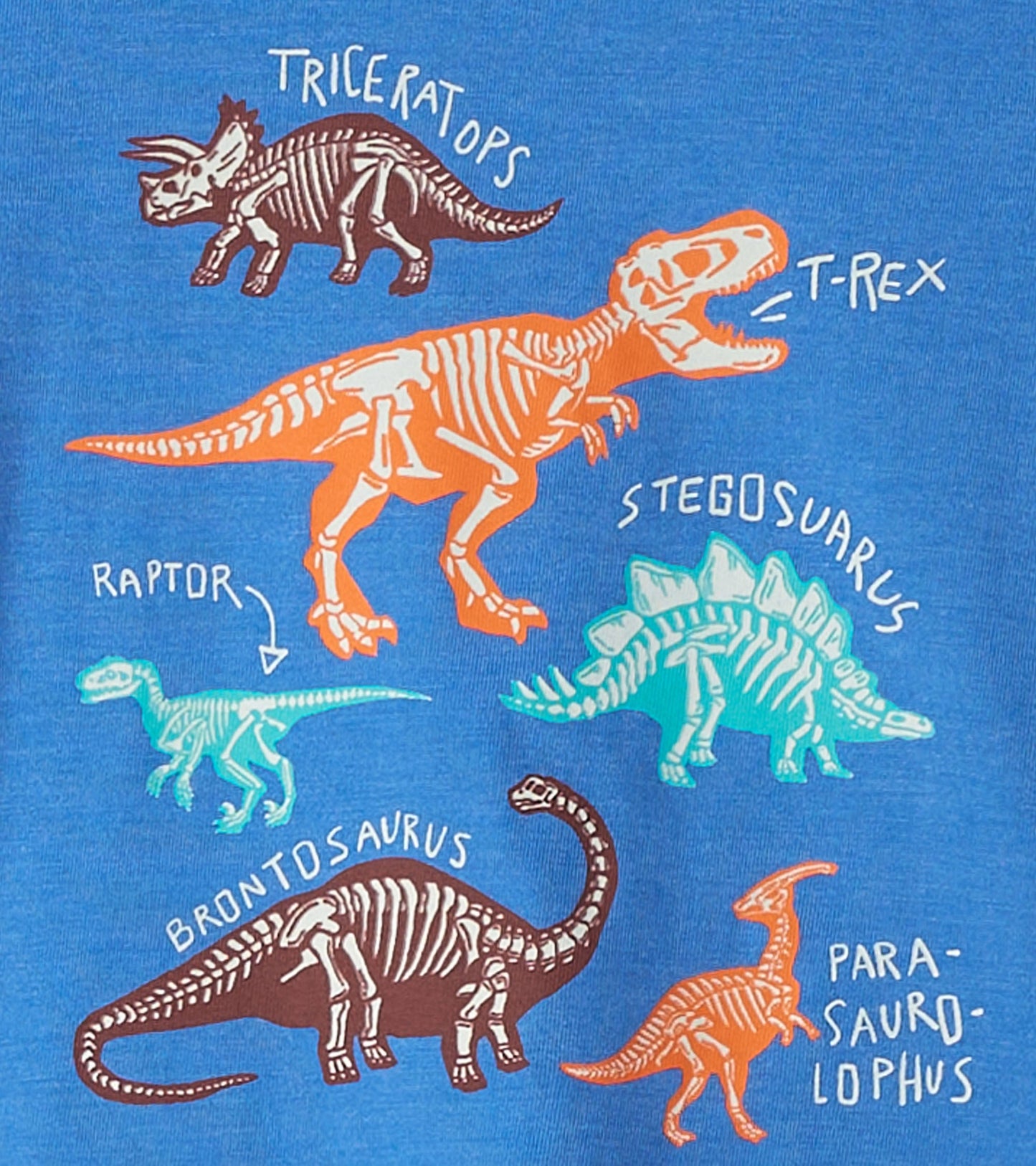 Blue long sleeve t-shirt featuring colorful dinosaur skeleton graphics and names, suitable for baby and toddler boys.