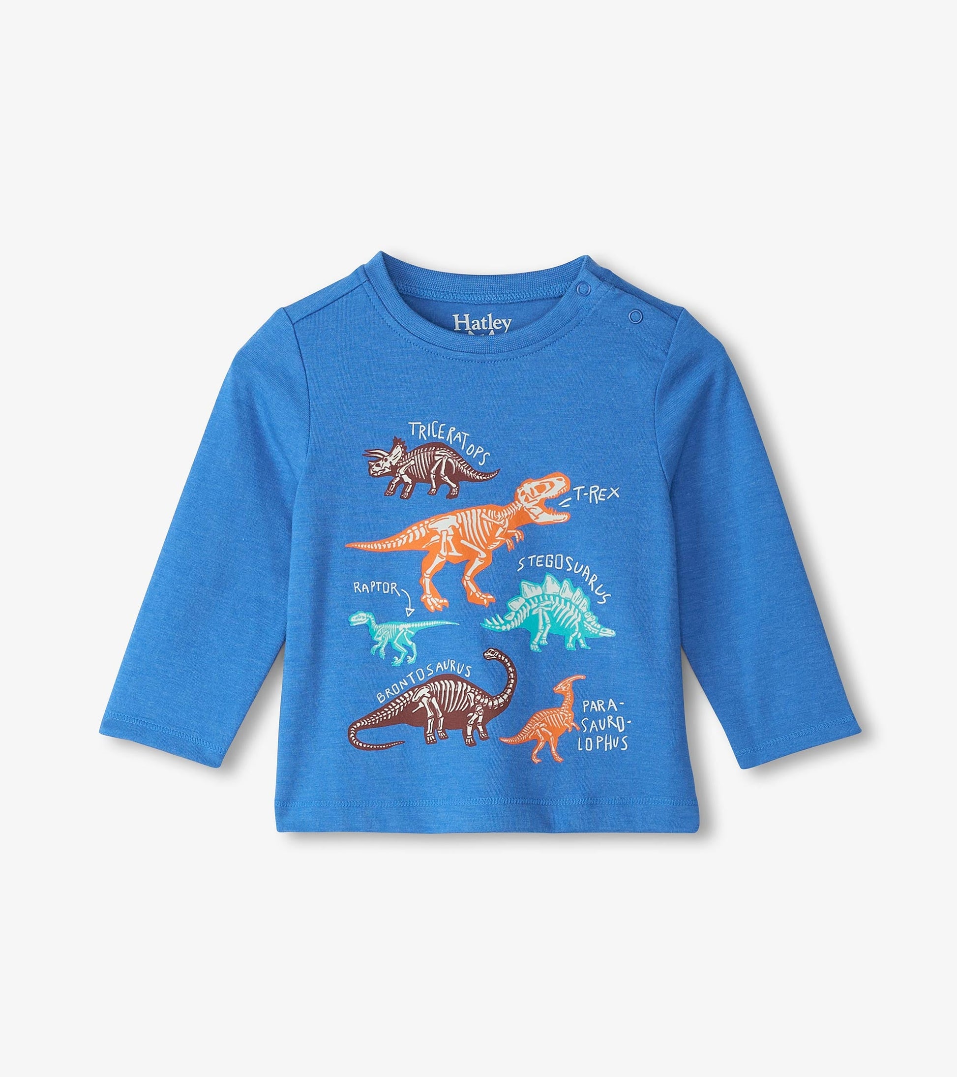 Blue long sleeve t-shirt featuring colorful dinosaur bone graphics and text, suitable for baby and toddler boys.
