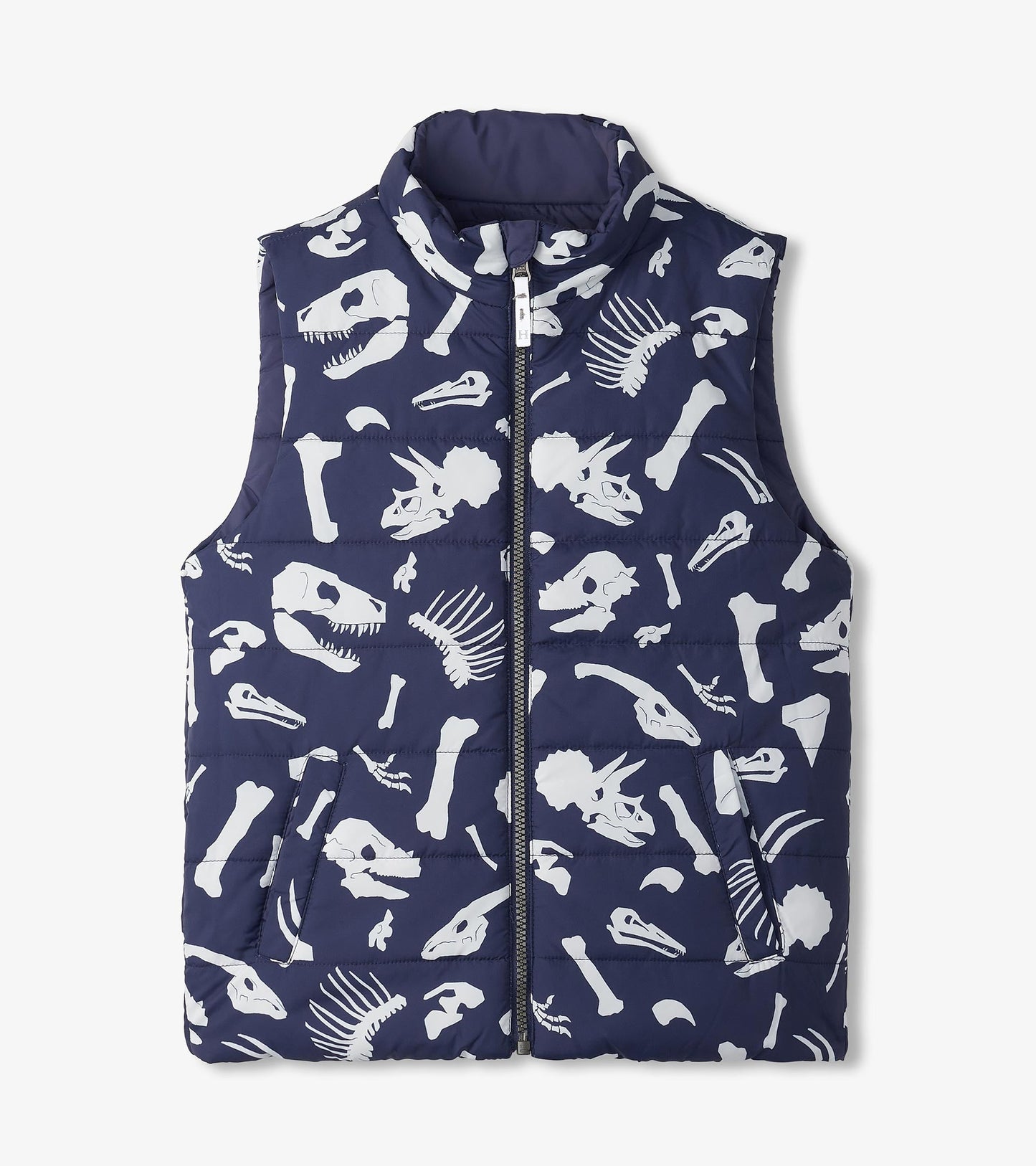 Navy quilted vest featuring white dinosaur fossil prints, with a high collar and side pockets.
