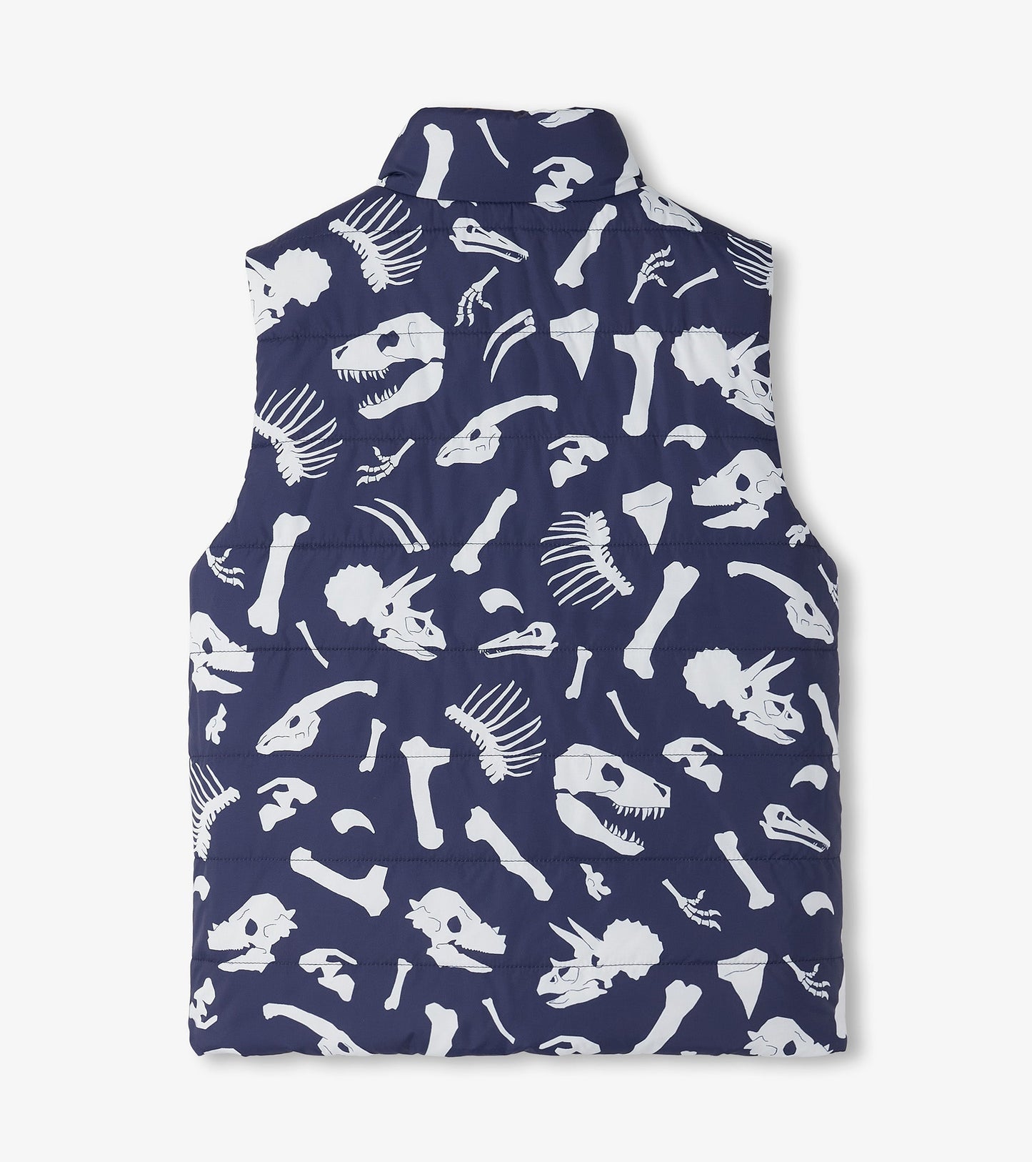 Navy quilted vest featuring white dinosaur fossil prints, designed for boys, with a high collar and sleeveless style.