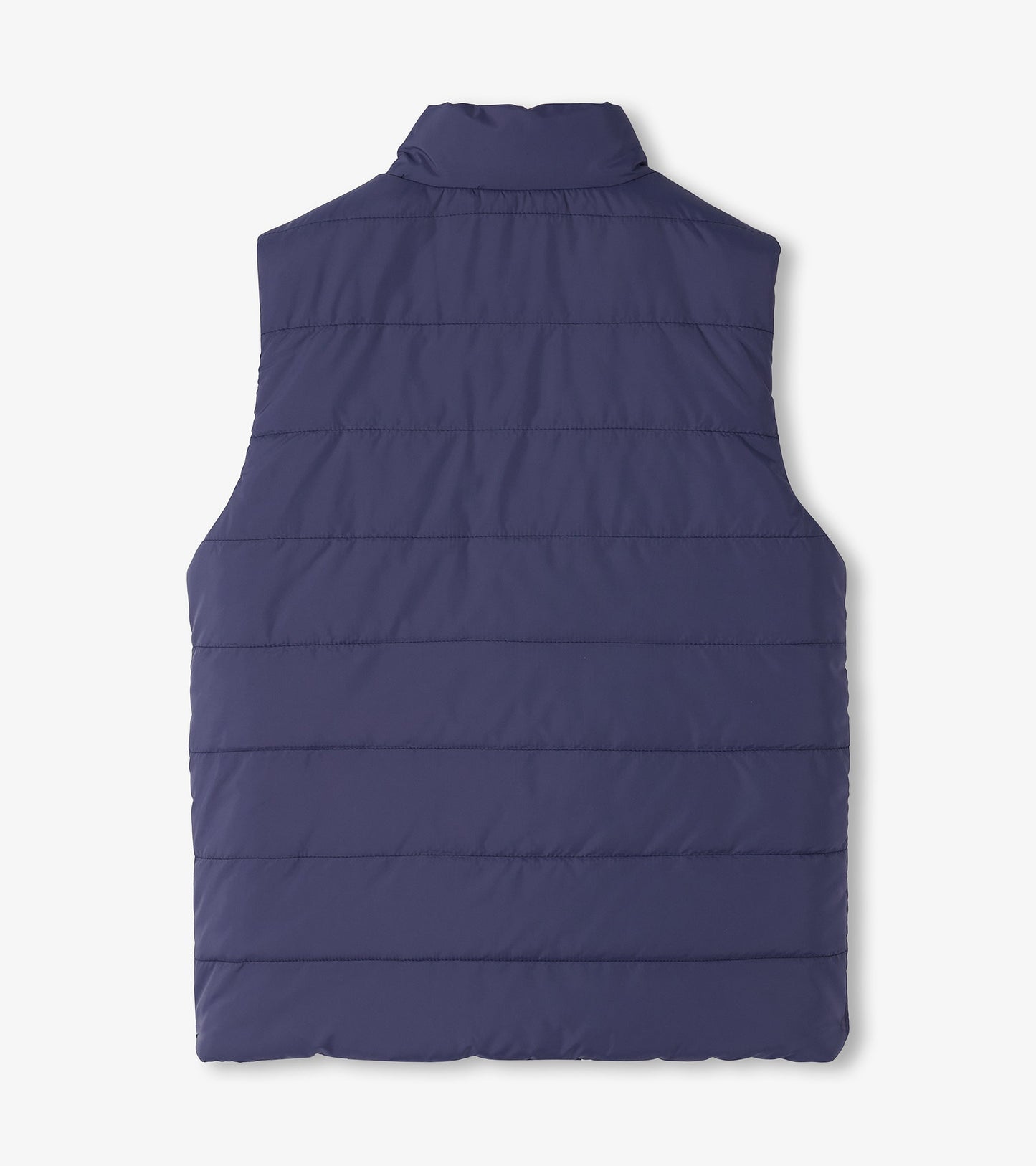 Reversible quilted vest in navy blue with a high collar and horizontal stitching, suitable for boys.