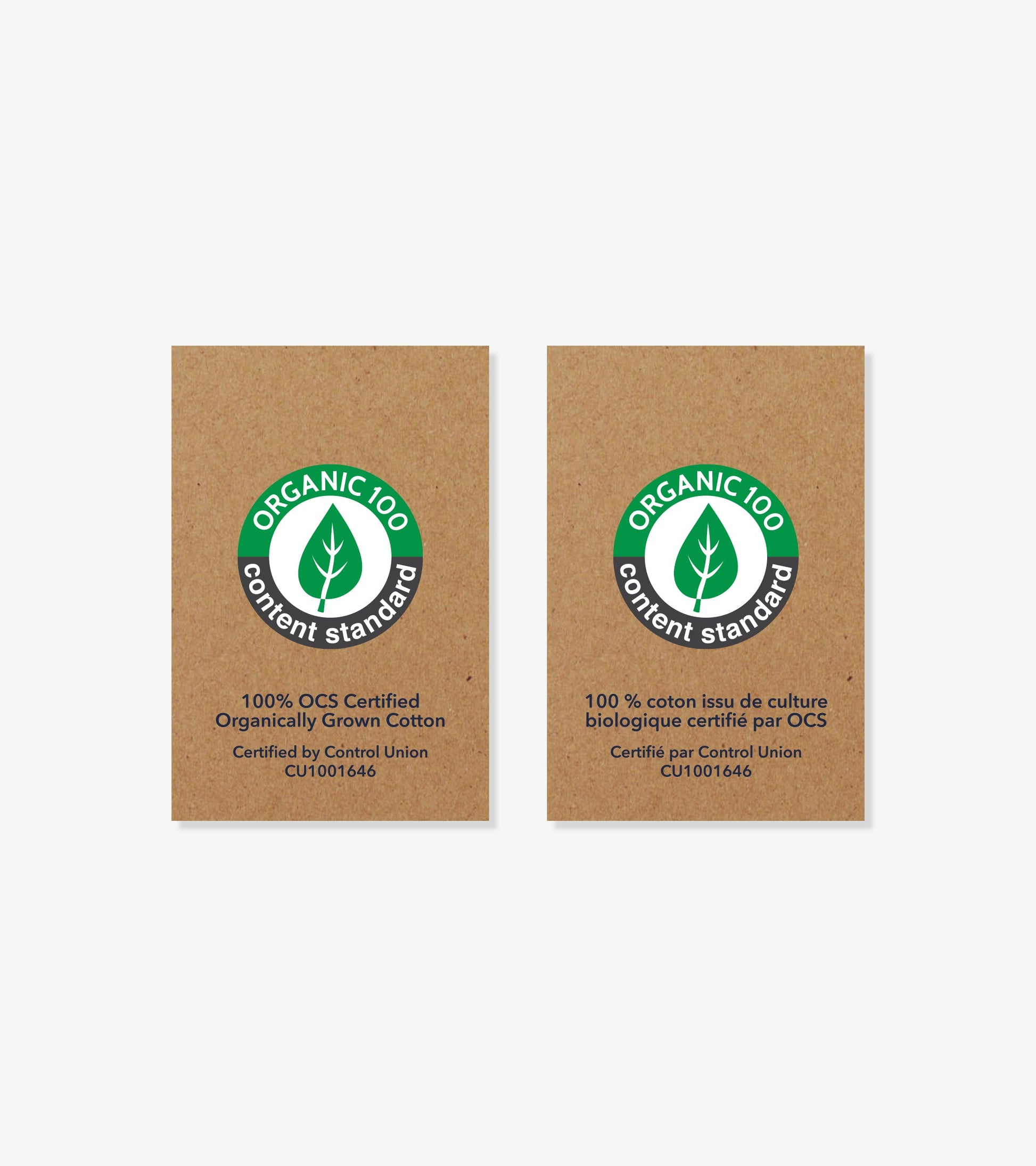 Organic cotton certification labels featuring green and black graphics on brown paper.