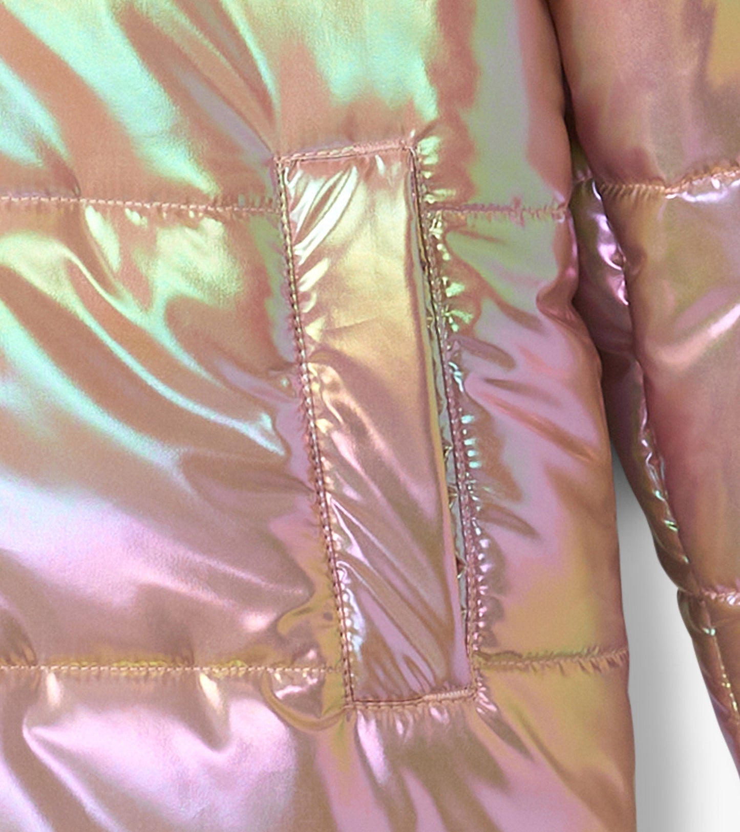 Shiny pink puffer jacket with a smooth, iridescent finish and a side pocket detail.