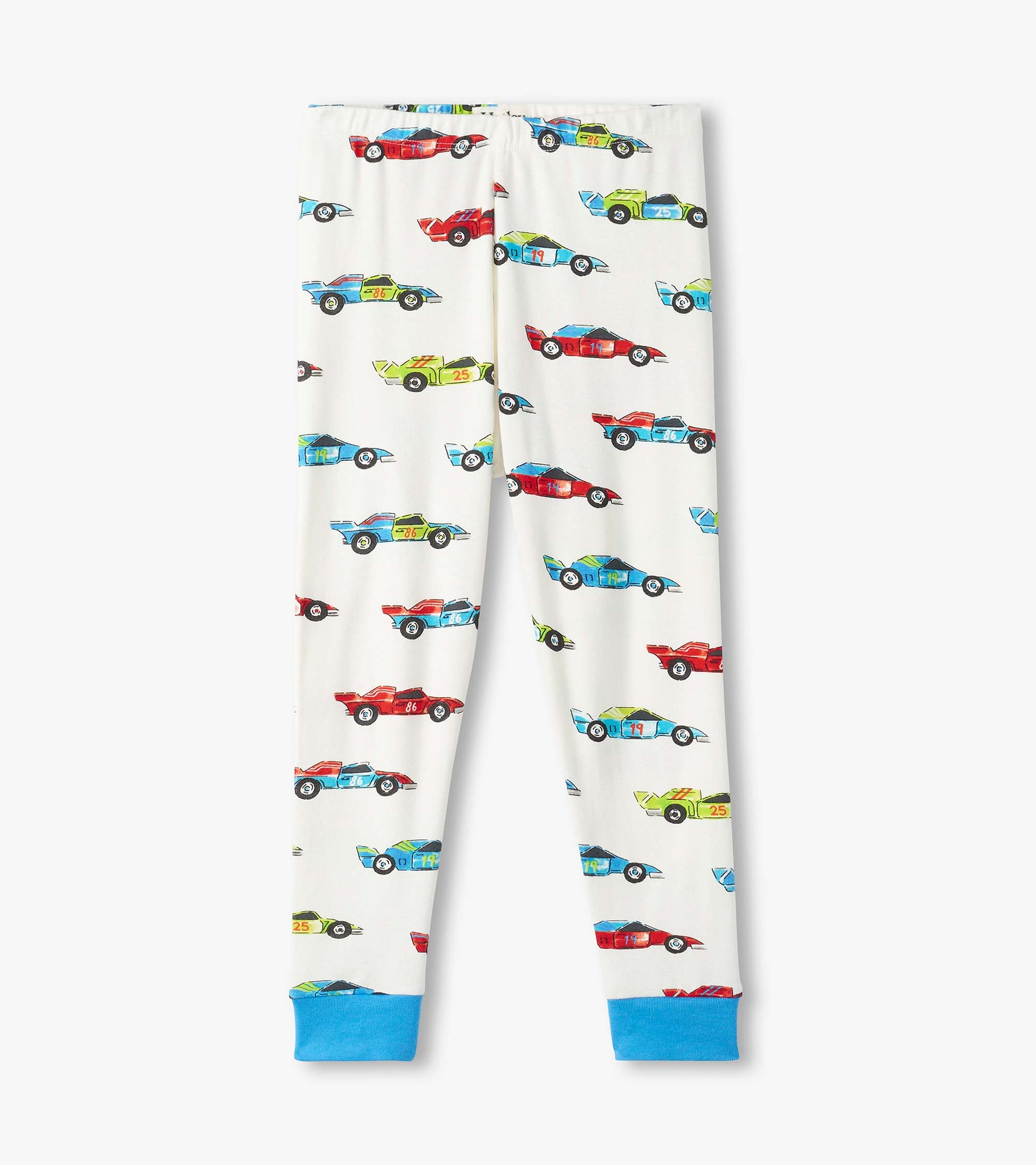 Boys' organic cotton pajama set featuring colorful racecar prints on a white background with blue cuffs.