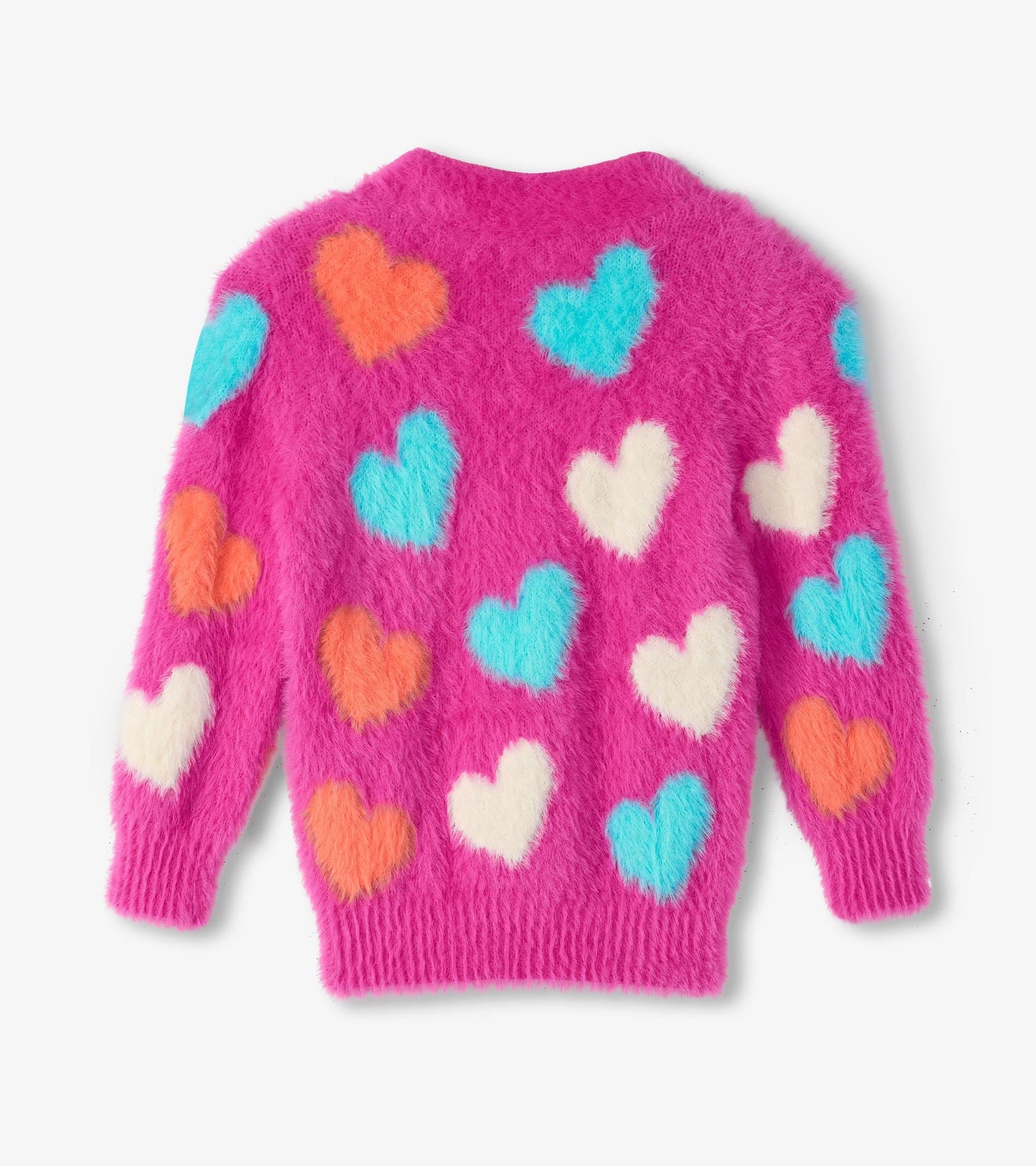 Fuzzy pink cardigan featuring colorful heart patterns in blue, orange, and white, suitable for girls.