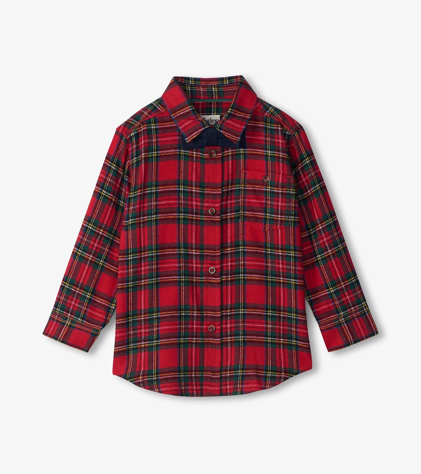 Red plaid button-down shirt with long sleeves and a collar, featuring a chest pocket and button closure.