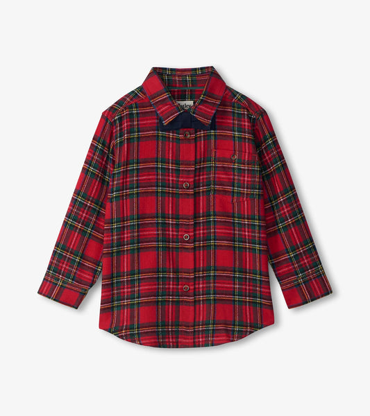 Red plaid button-down shirt with long sleeves and a collar, featuring a chest pocket and button closure.