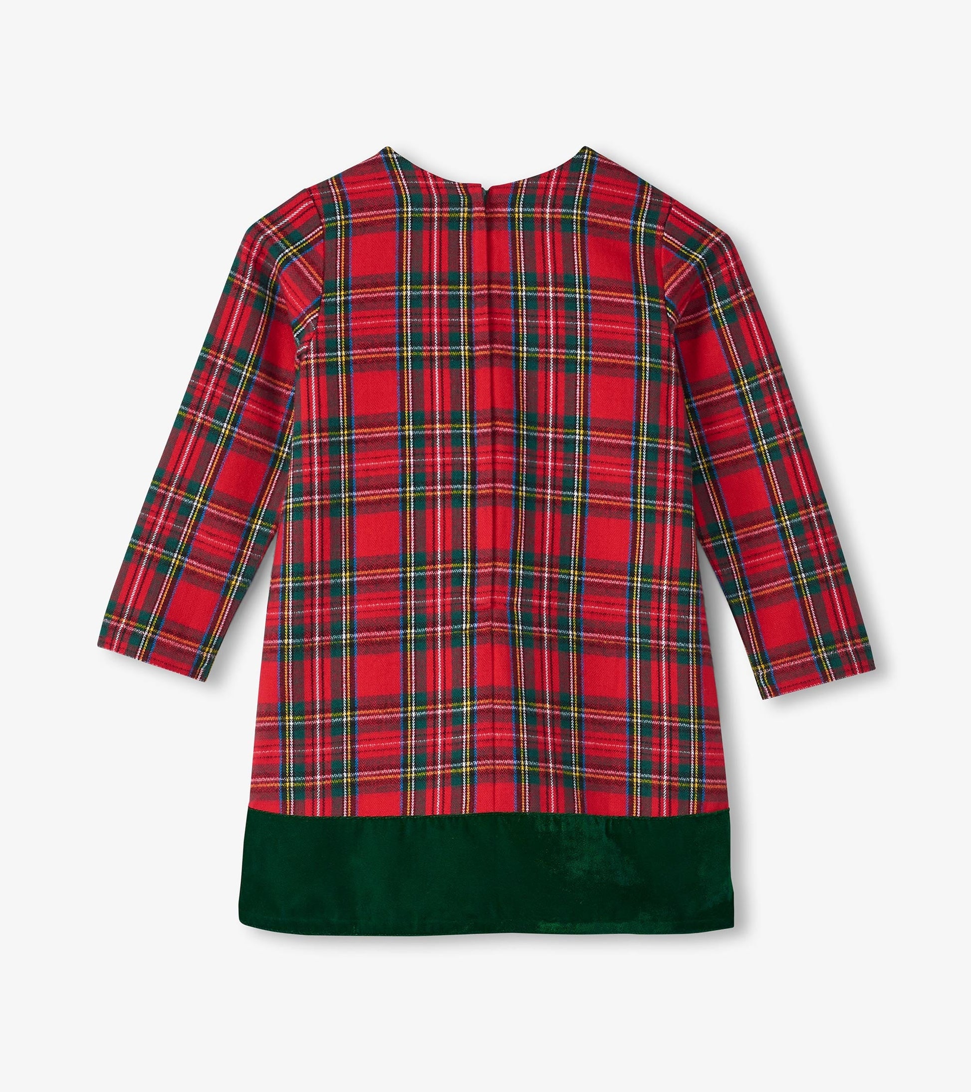 Red plaid A-line dress with long sleeves and a green velvet hem, featuring a round neckline and back closure.