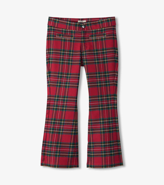Red plaid flared pants featuring a classic check pattern and front pockets, suitable for casual wear.