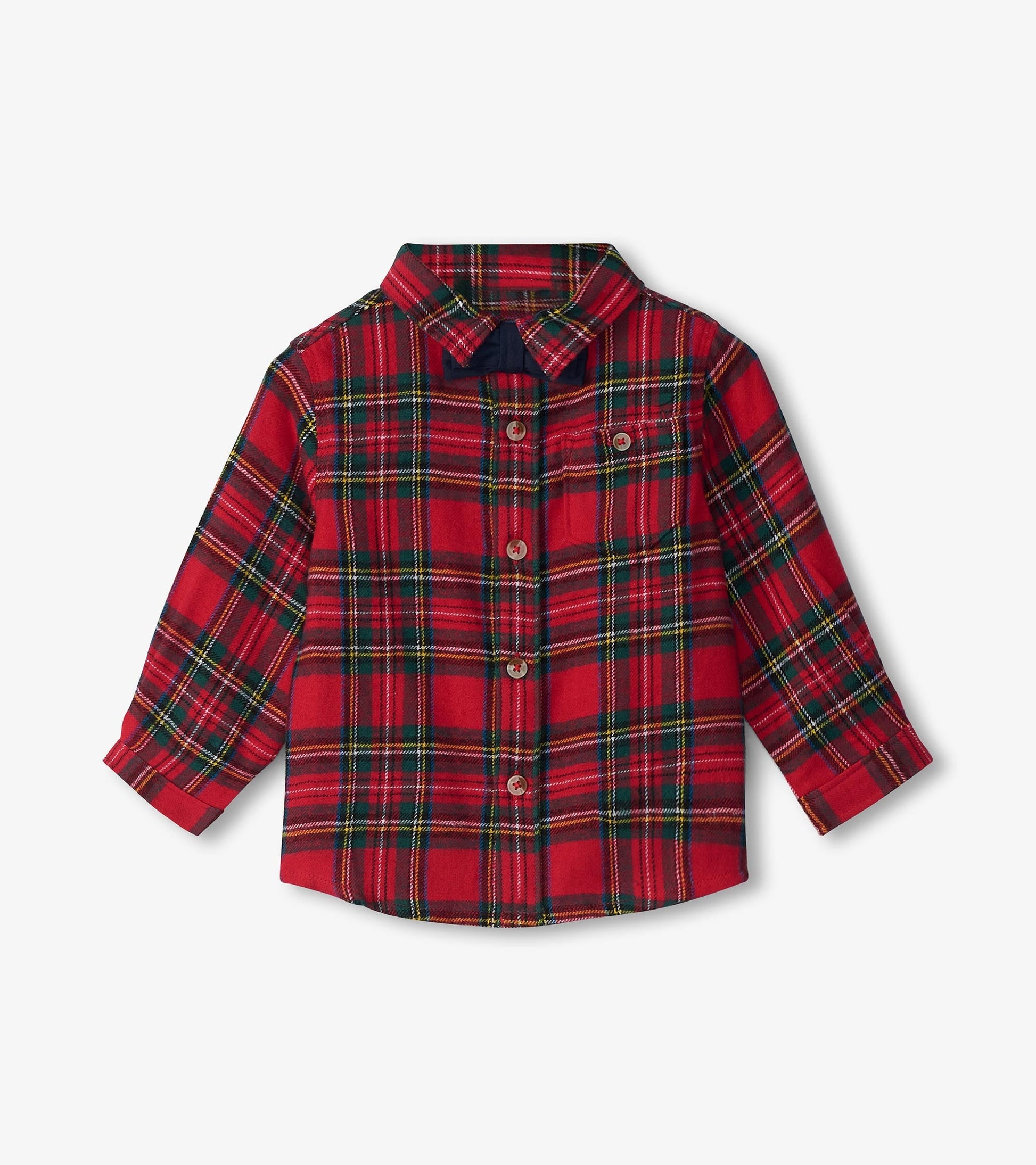 Red plaid button-down shirt for babies and toddlers with long sleeves and a collar.