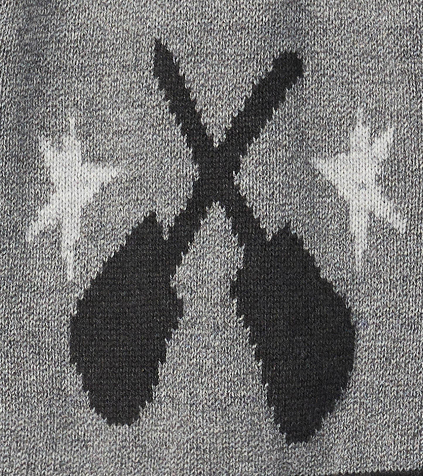Gray cardigan featuring a rock and roll design with crossed black guitars and star accents.