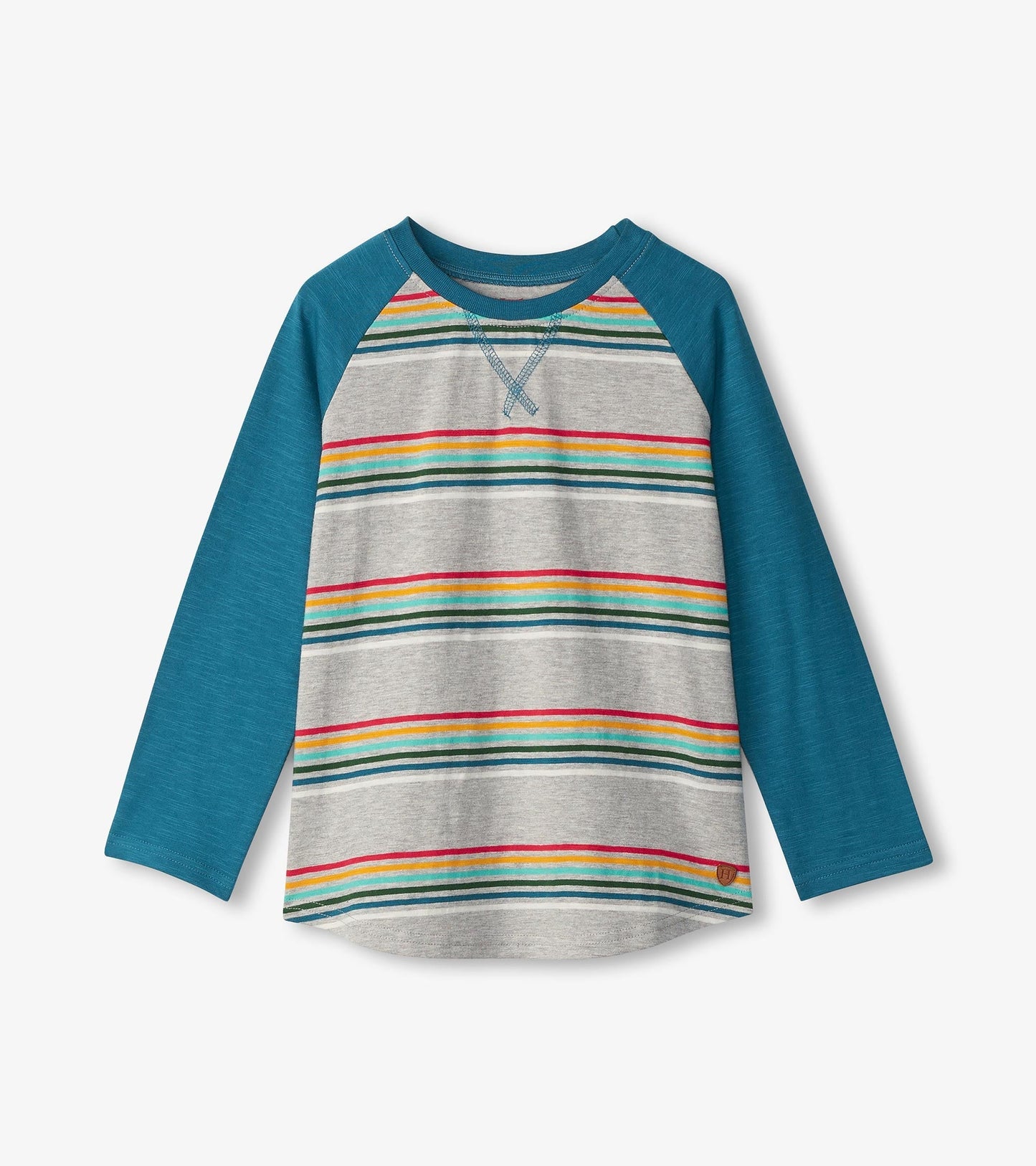 Long sleeve raglan T-shirt featuring gray body with colorful horizontal stripes and teal sleeves.