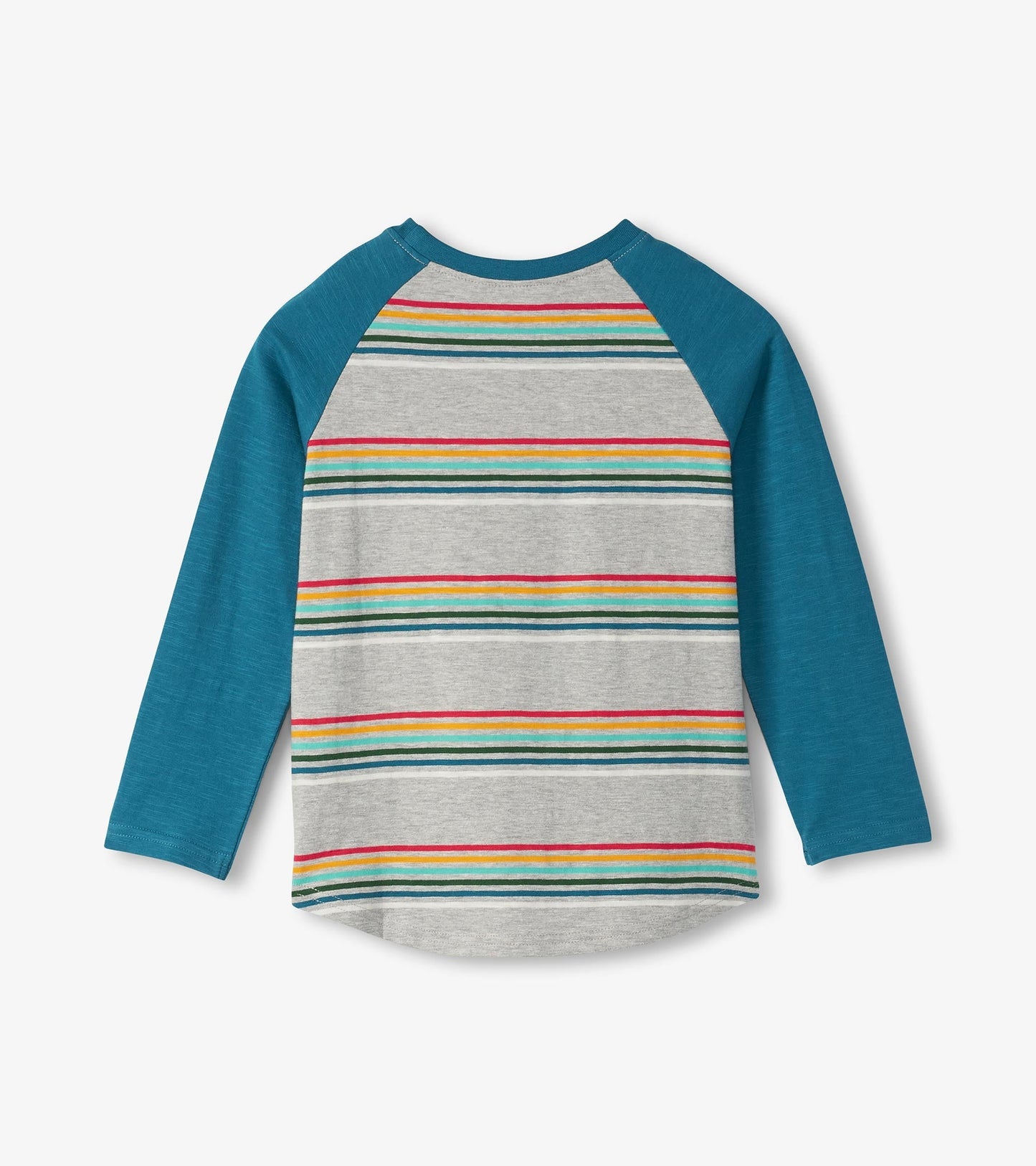 Long sleeve raglan t-shirt featuring a gray body with colorful retro stripes and teal sleeves.
