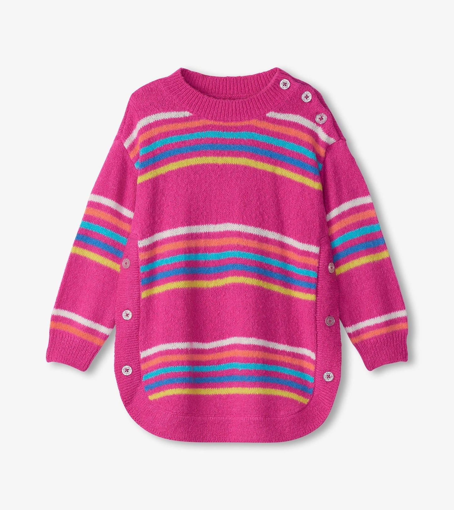 Pink sweater tunic featuring colorful rainbow stripes and button details on the side. Suitable for girls.