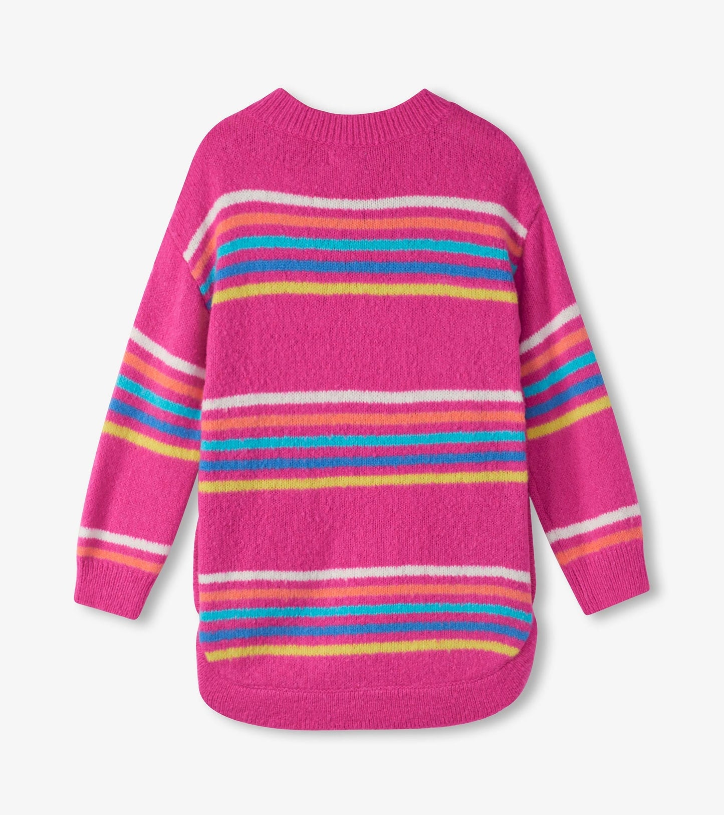 Pink sweater tunic featuring colorful rainbow stripes, long sleeves, and a rounded hem. Ideal for casual wear.