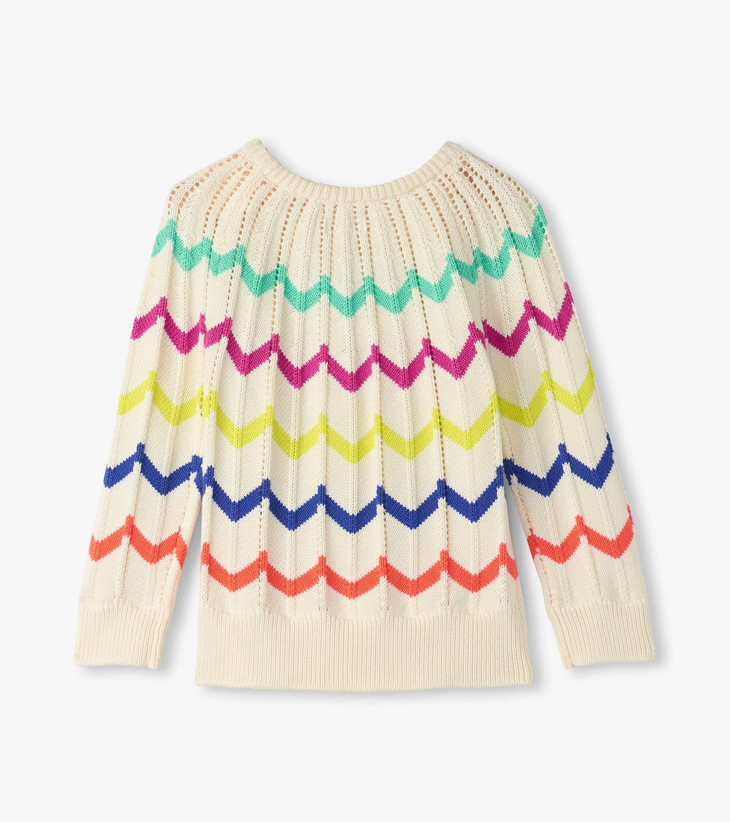 Cream sweater featuring a colorful zigzag pattern in pink, green, blue, and orange, with a ribbed neckline and cuffs.